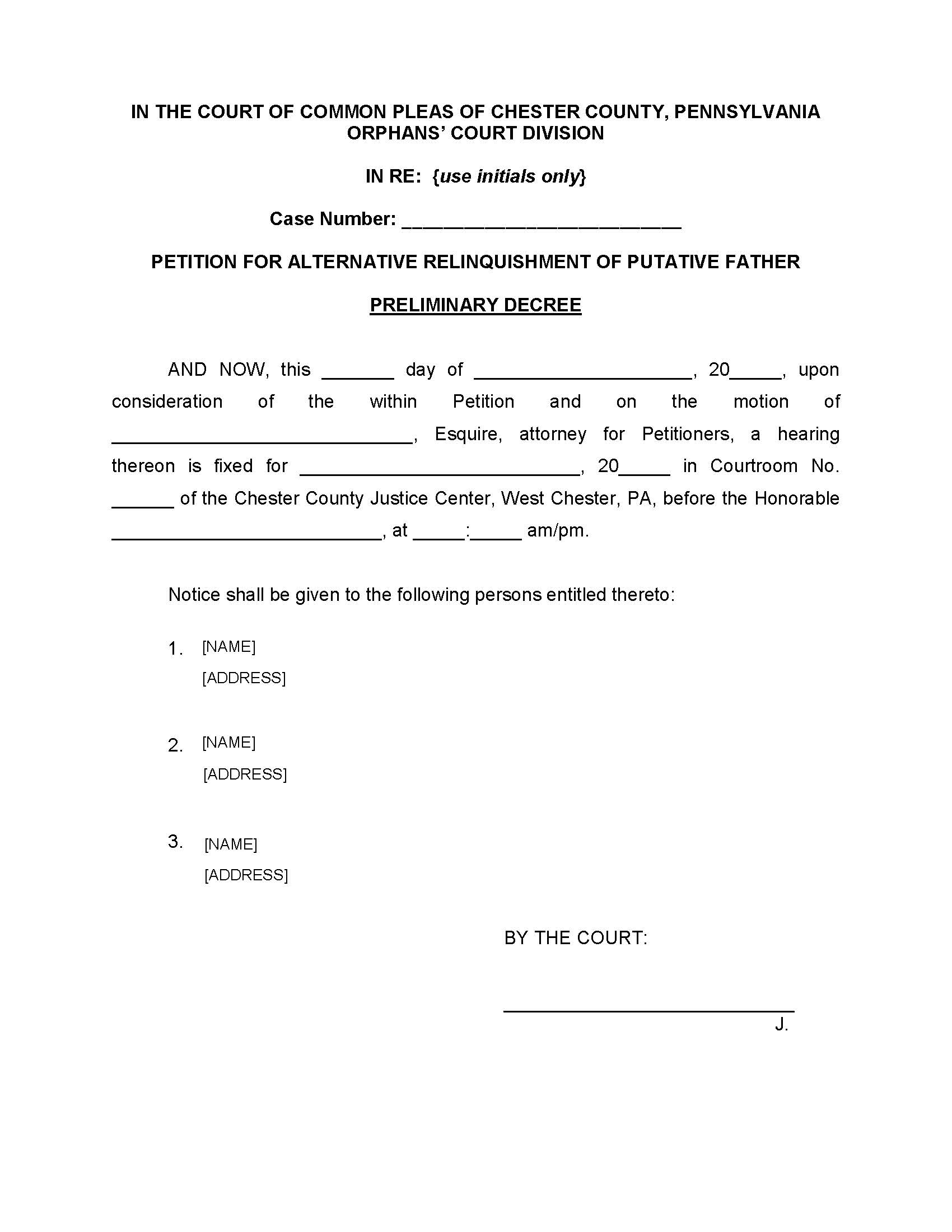 Petition For Alternative Relinquishment Of Putative Father Preliminary Decree | Pdf Fpdf Doc Docx | Pennsylvania