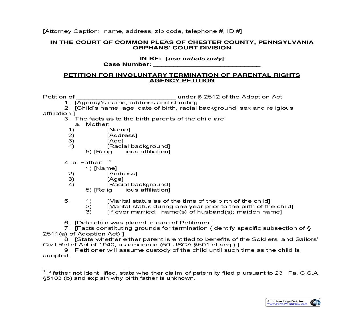 Petition For Involuntarily Termination Of Parental Rights Agency Petition | Pdf Fpdf Doc Docx | Pennsylvania