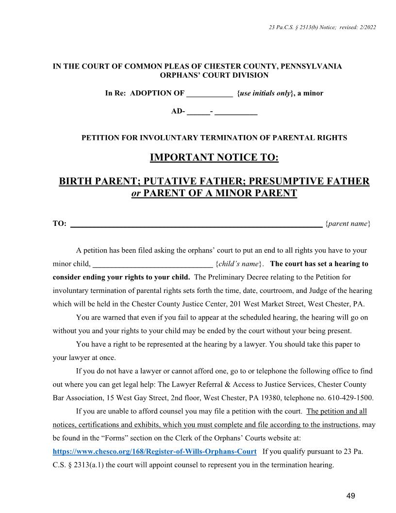 Petition For Involuntarily Termination Of Parental Rights Important Notice-Birth Parent | Pdf Fpdf Doc Docx | Pennsylvania