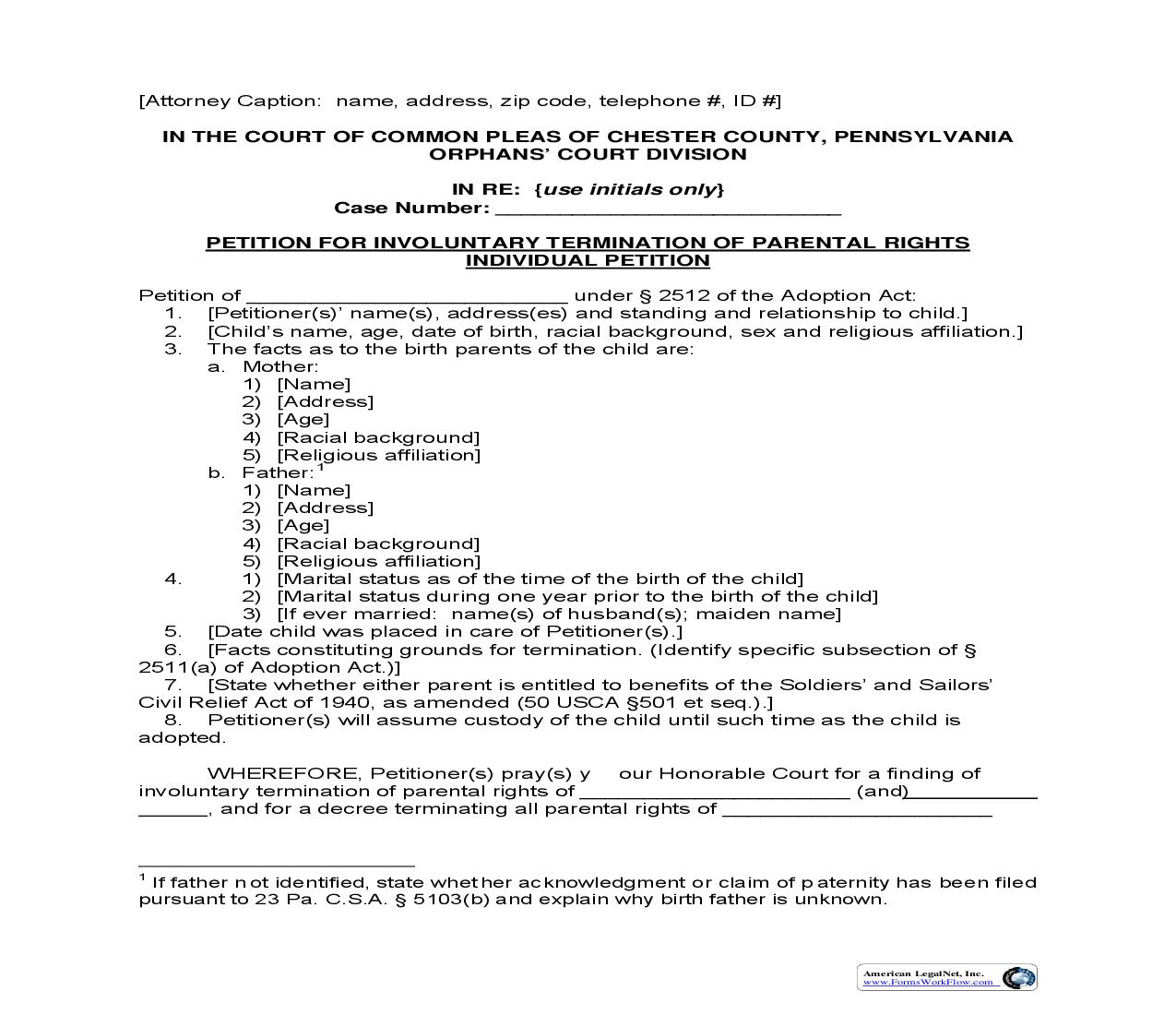 Petition For Involuntarily Termination Of Parental Rights Individual Petition | Pdf Fpdf Doc Docx | Pennsylvania