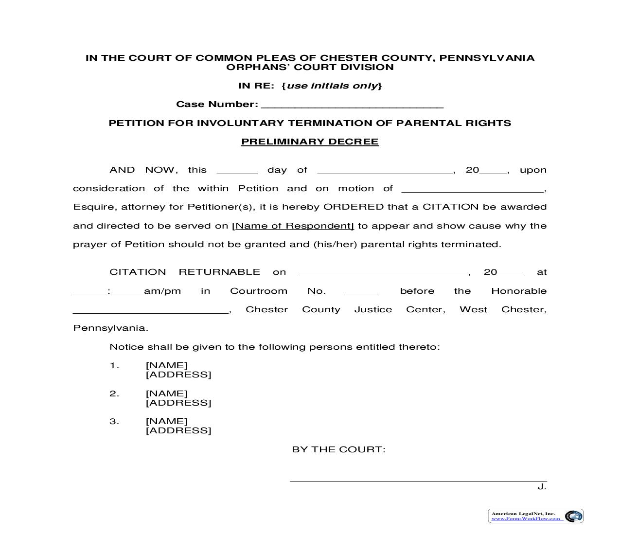 Petition For Involuntarily Termination Of Parental Rights Preliminary Decree | Pdf Fpdf Doc Docx | Pennsylvania