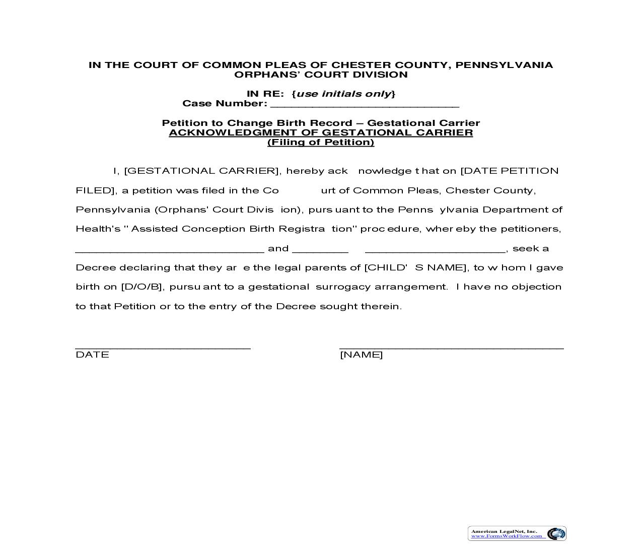 Petition To Change Birth Record-Gestational Carrier Acknowledgment Of Gestational Carrier | Pdf Fpdf Doc Docx | Pennsylvania