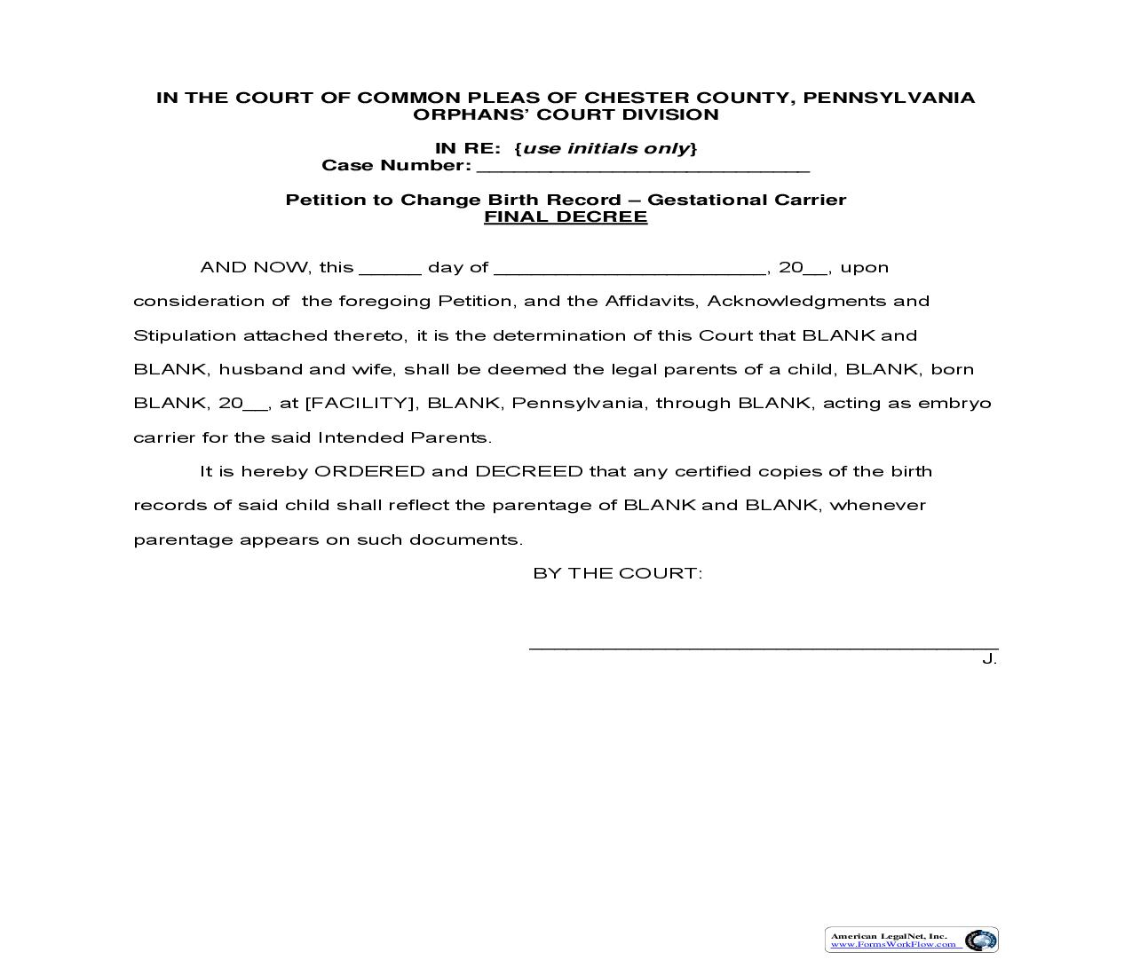 Petition To Change Birth Record-Gestational Carrier Final Decree | Pdf Fpdf Doc Docx | Pennsylvania