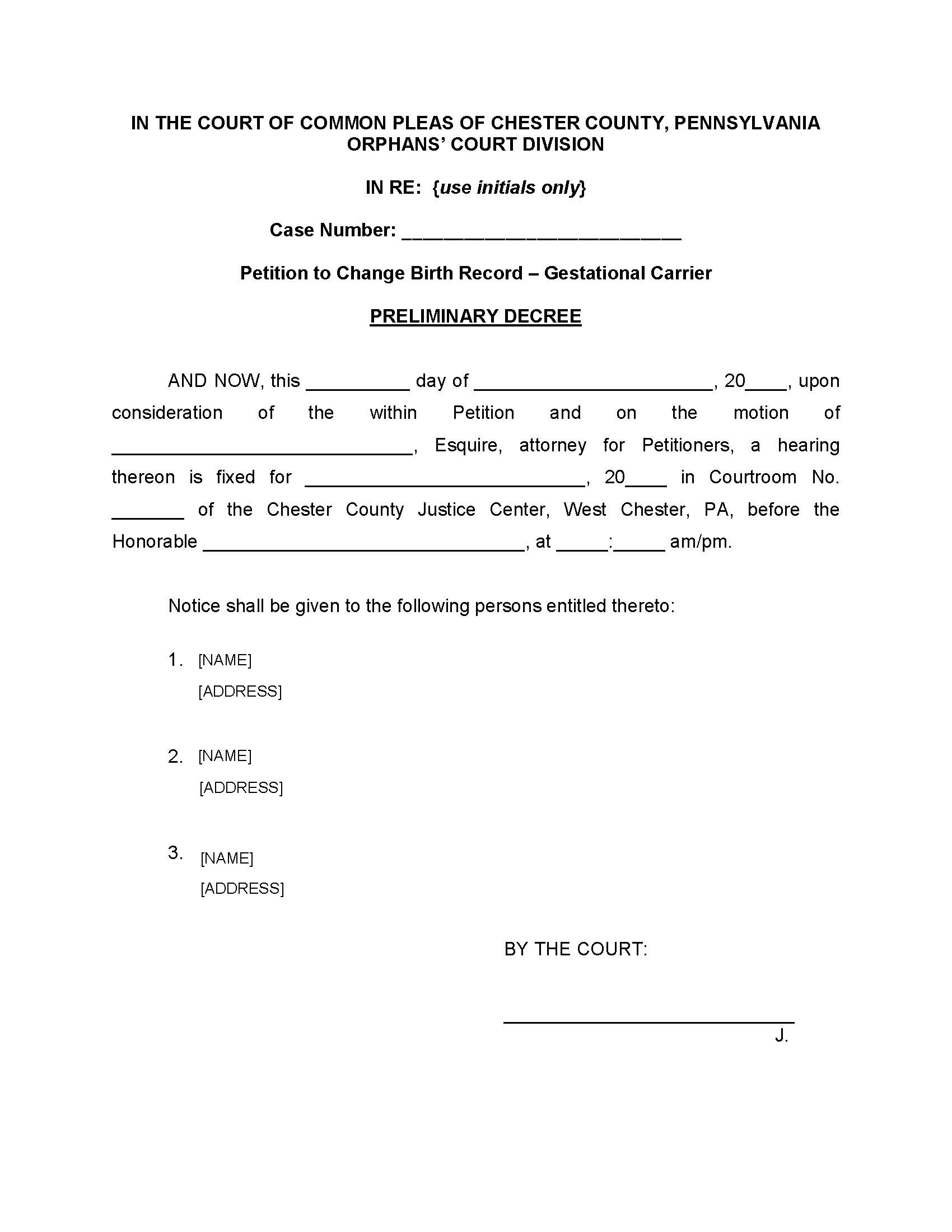 Petition To Change Birth Record-Gestational Carrier Preliminary Decree | Pdf Fpdf Doc Docx | Pennsylvania