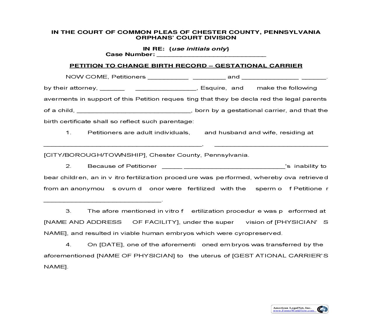 Petition To Change Birth Record-Gestational Carrier | Pdf Fpdf Doc Docx | Pennsylvania