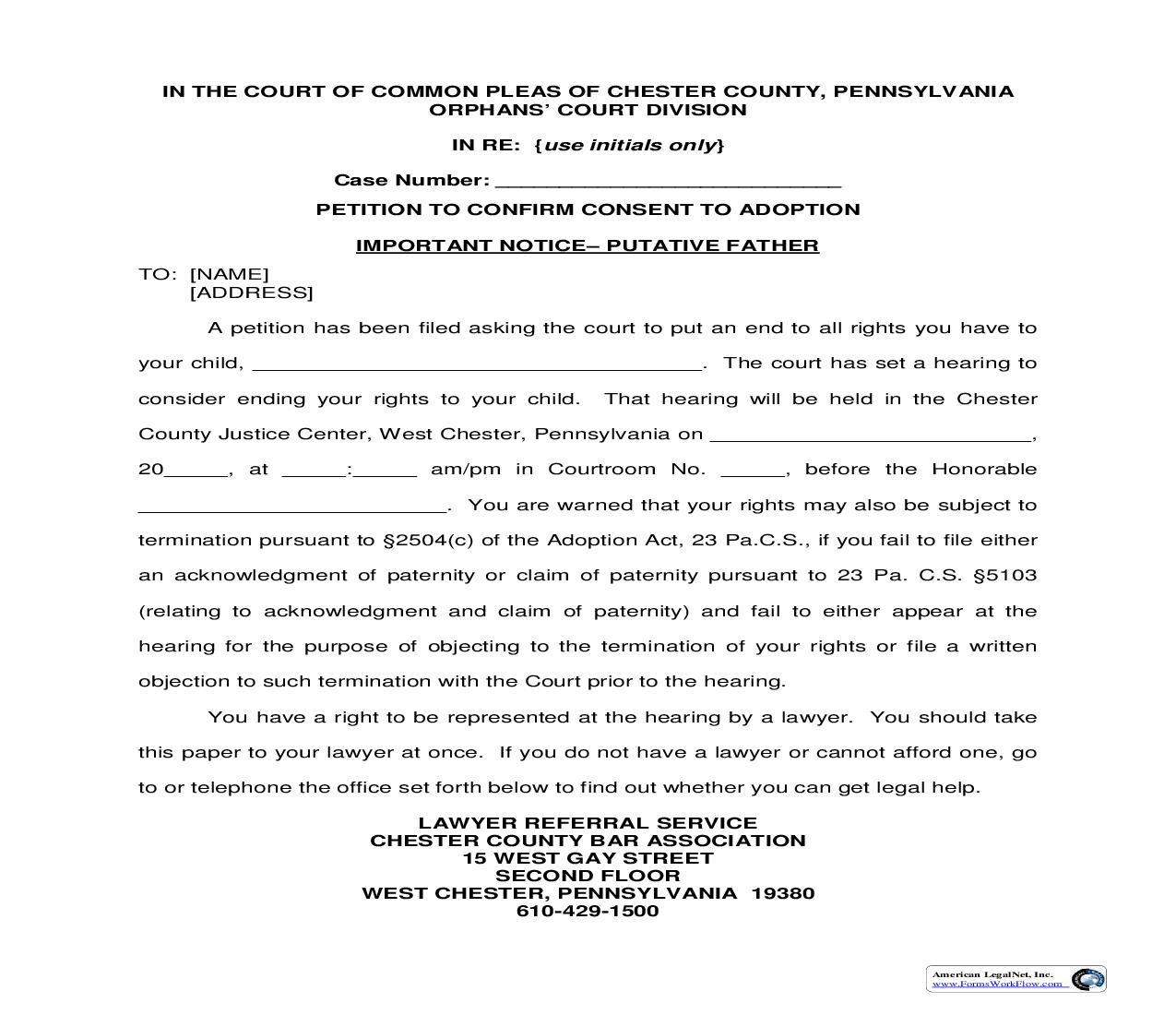 Petition To Confirm Consent To Adoption Important Notice-Putative Father | Pdf Fpdf Doc Docx | Pennsylvania