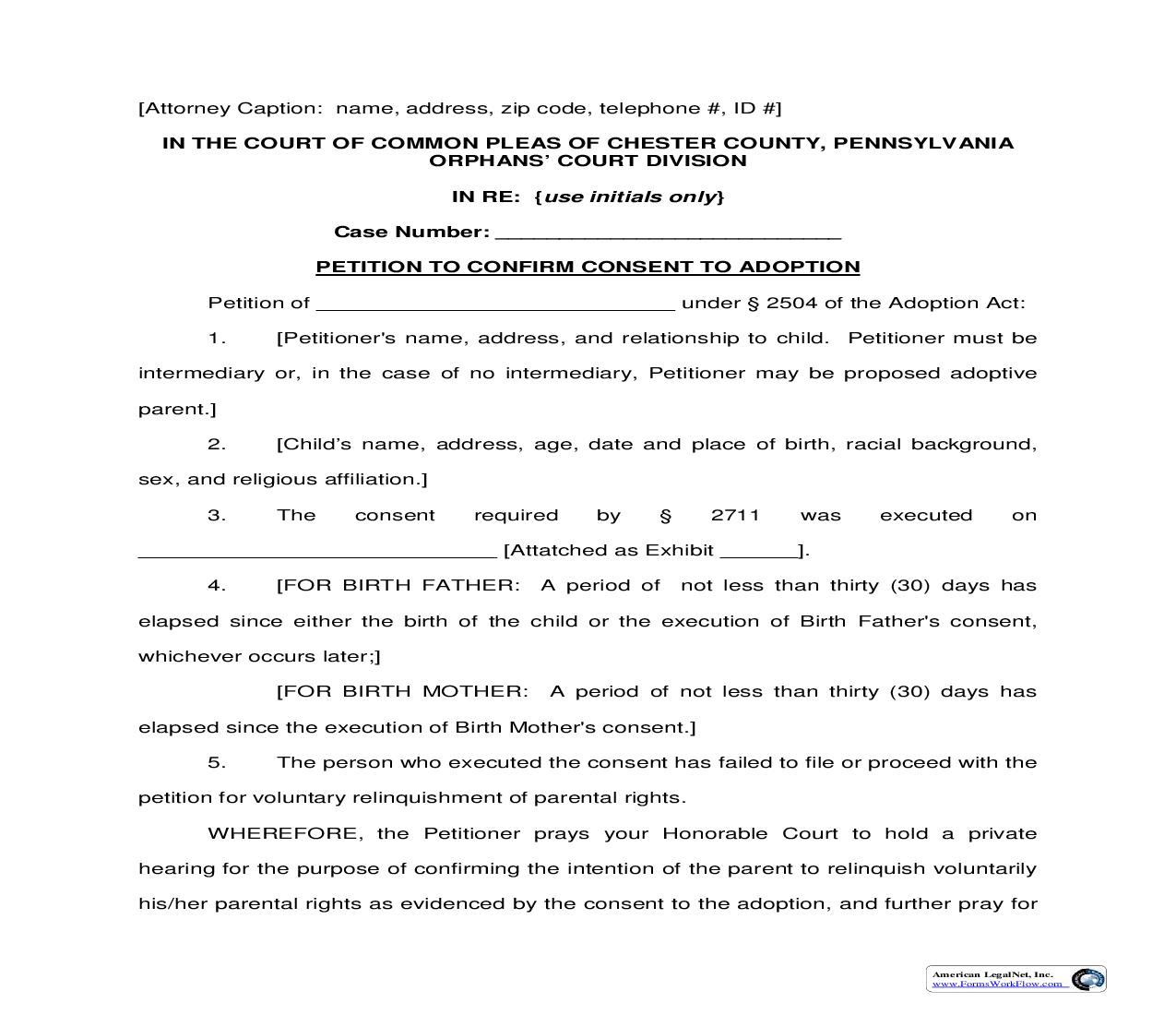 Petition To Confirm Consent To Adoption | Pdf Fpdf Doc Docx | Pennsylvania