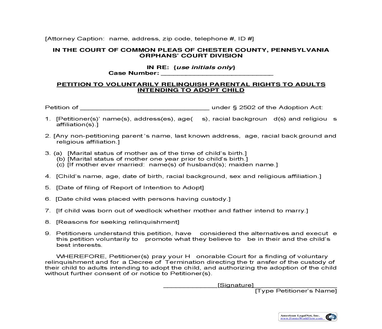 Petition To Voluntarily Relinquish Parental Rights To Adults Intending To Adopt Child | Pdf Fpdf Doc Docx | Pennsylvania