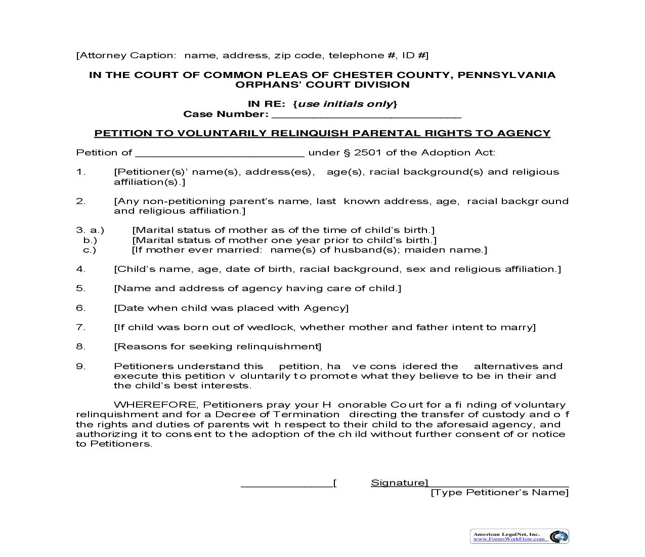 Petition To Voluntarily Relinquish Parental Rights To Agency | Pdf Fpdf Doc Docx | Pennsylvania