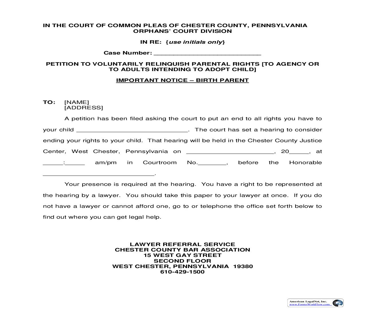 Petition To Voluntarily Relinquish Parental Rights-Important Notice-Birth Parent | Pdf Fpdf Doc Docx | Pennsylvania