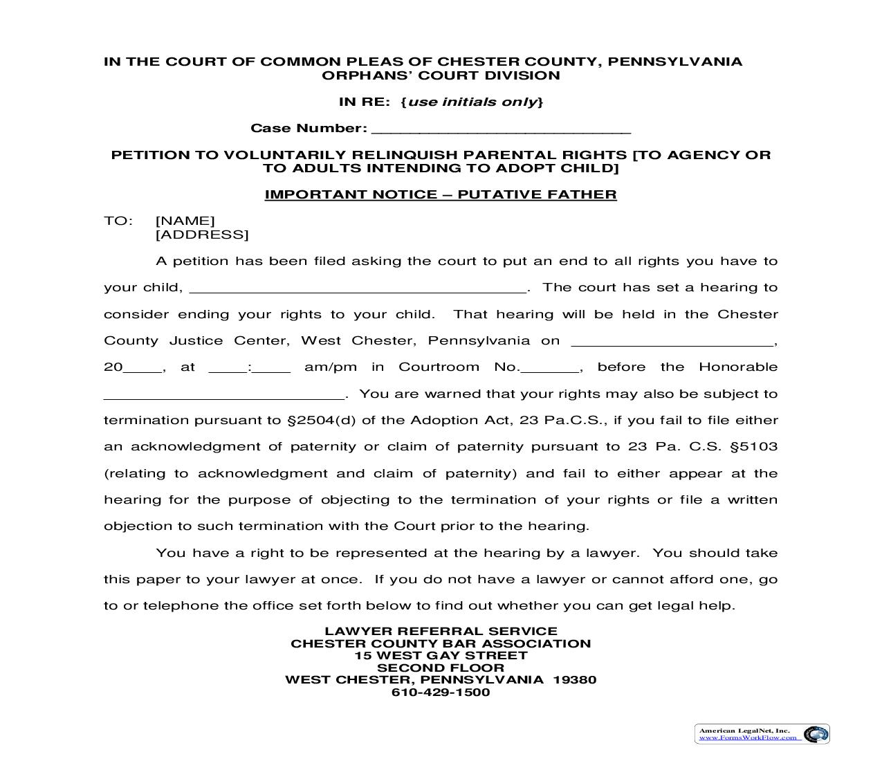 Petition To Voluntarily Relinquish Parental Rights-Important Notice-Putative Father | Pdf Fpdf Doc Docx | Pennsylvania