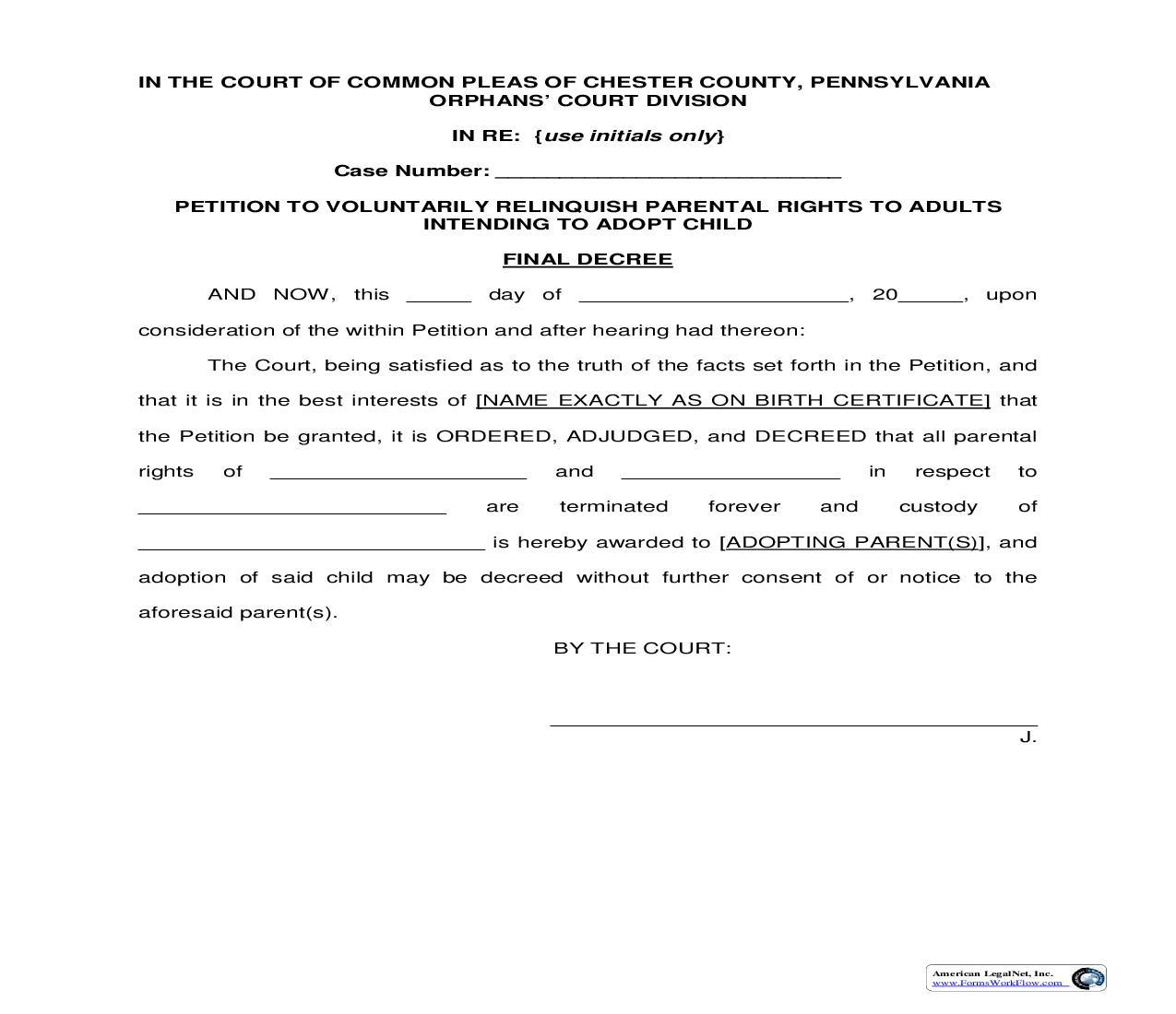 Petition To Voluntarily Relinquish Parental Rights-To Adults Intending To Adopt Child Final Decree | Pdf Fpdf Doc Docx | Pennsylvania