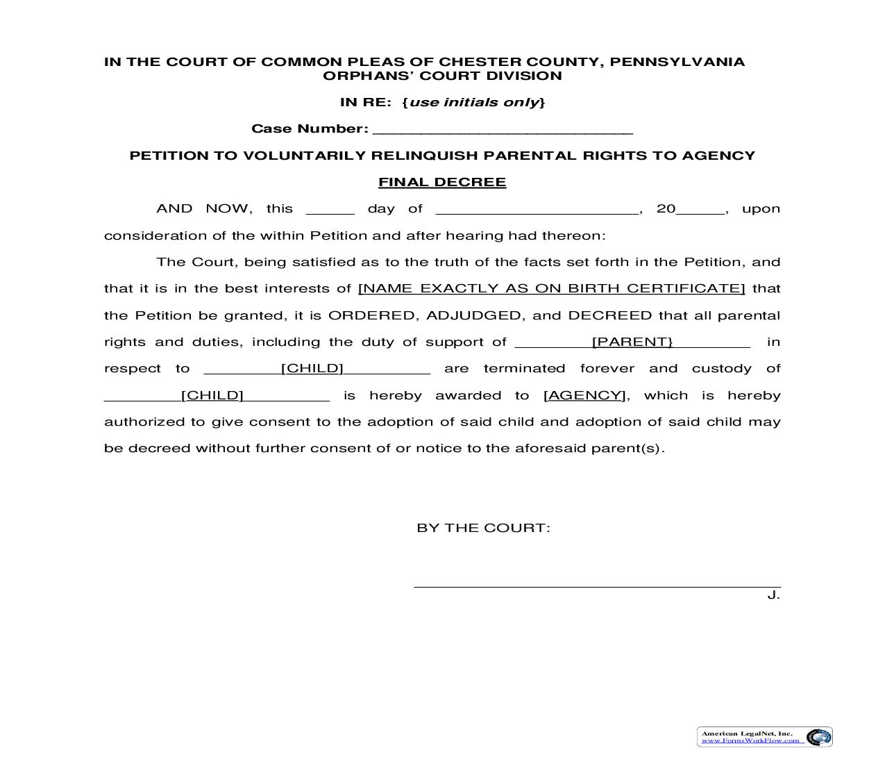 Petition To Voluntarily Relinquish Parental Rights-To Agency-Final Decree | Pdf Fpdf Doc Docx | Pennsylvania