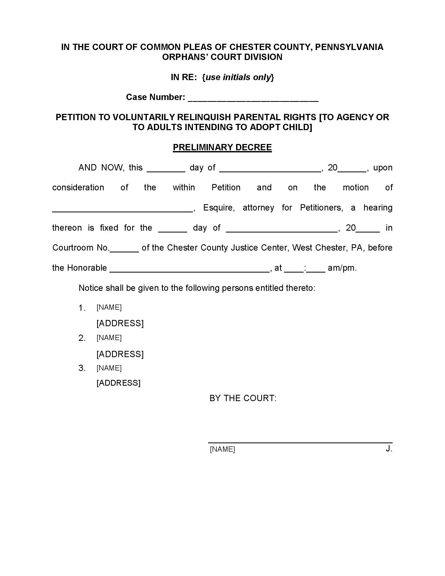 Petition To Voluntarily Relinquish Parental Rights-To Agency-Preliminary Decree | Pdf Fpdf Doc Docx | Pennsylvania