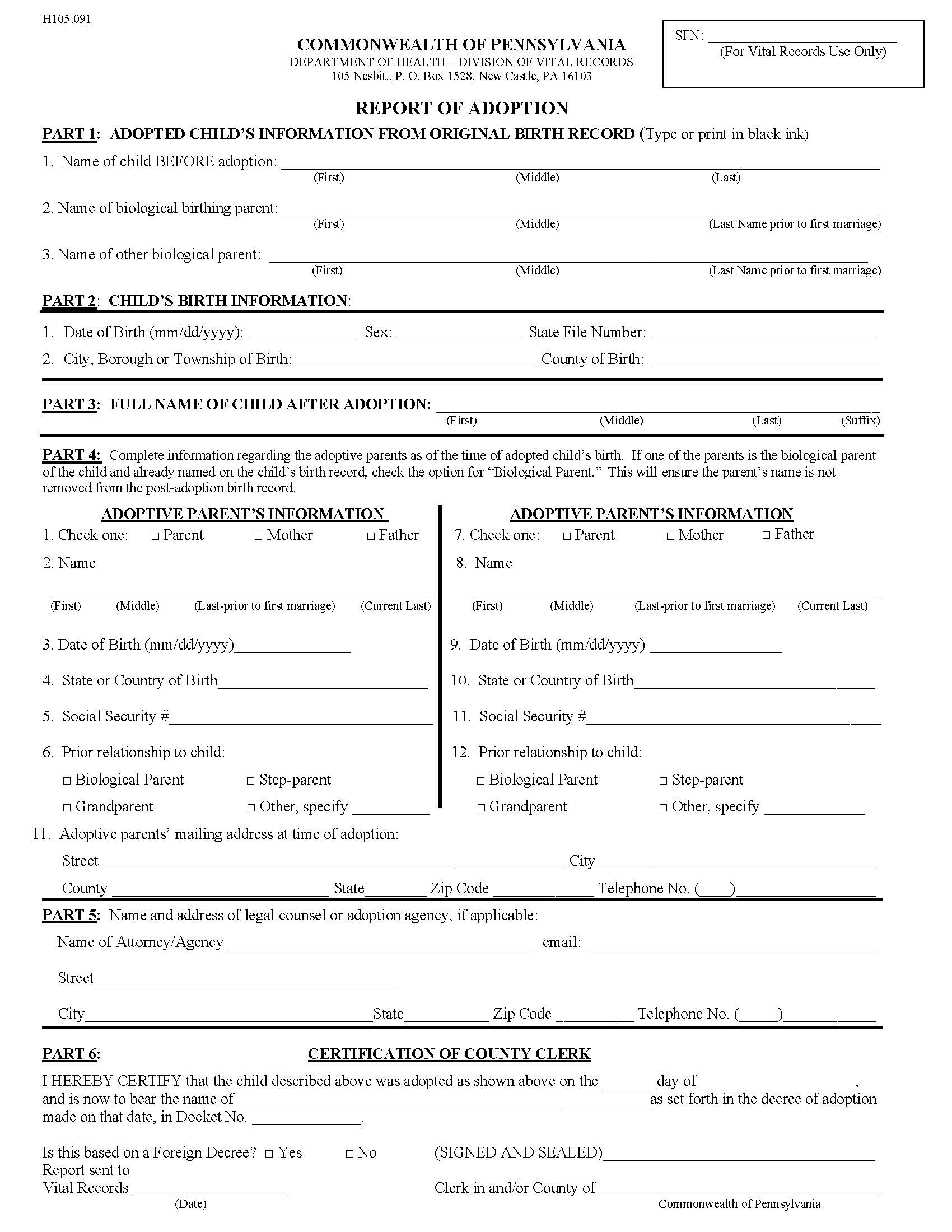 Report Of Adoption {H105.091} | Pdf Fpdf Doc Docx | Pennsylvania
