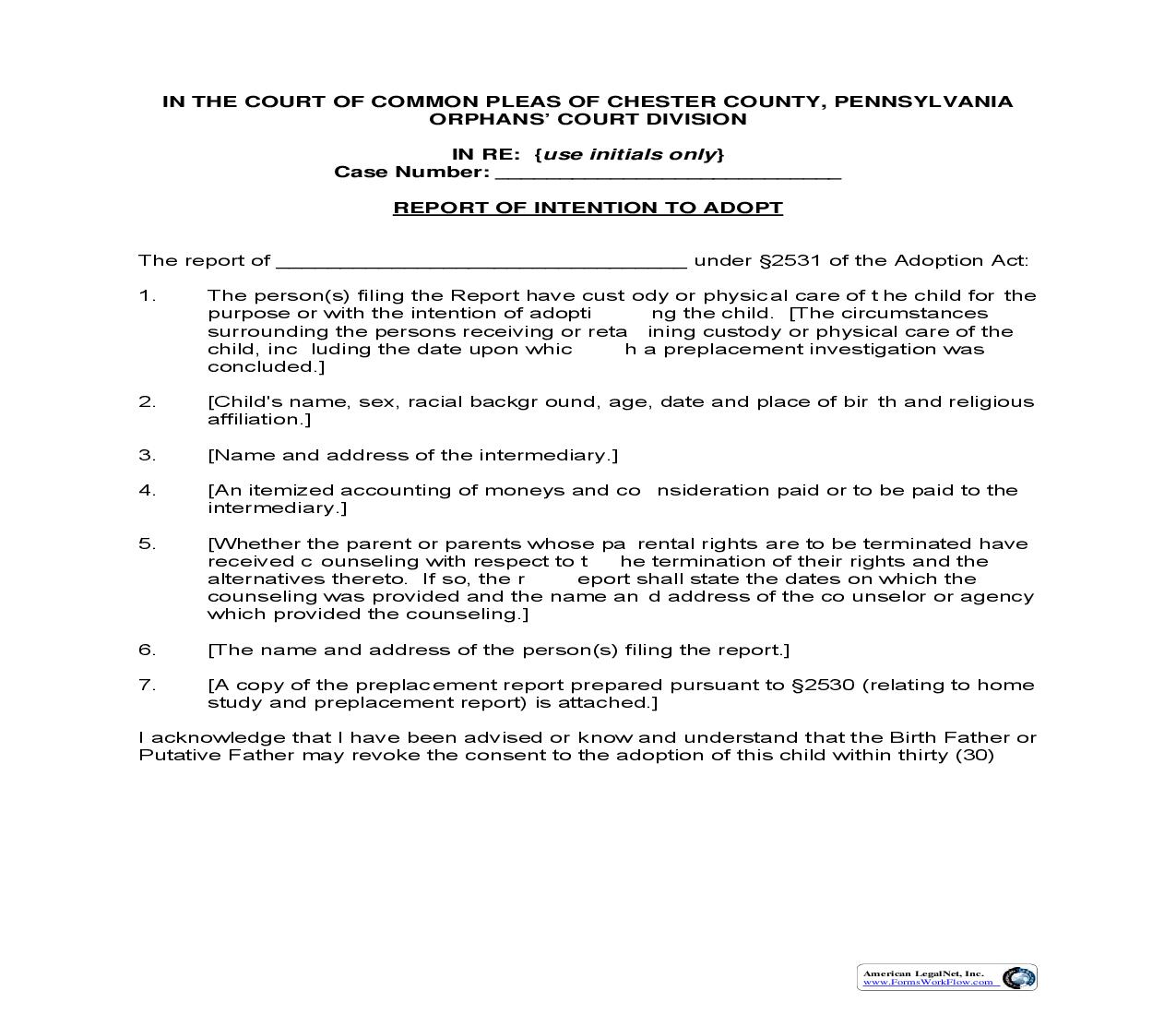 Report Of Intention To Adopt | Pdf Fpdf Doc Docx | Pennsylvania