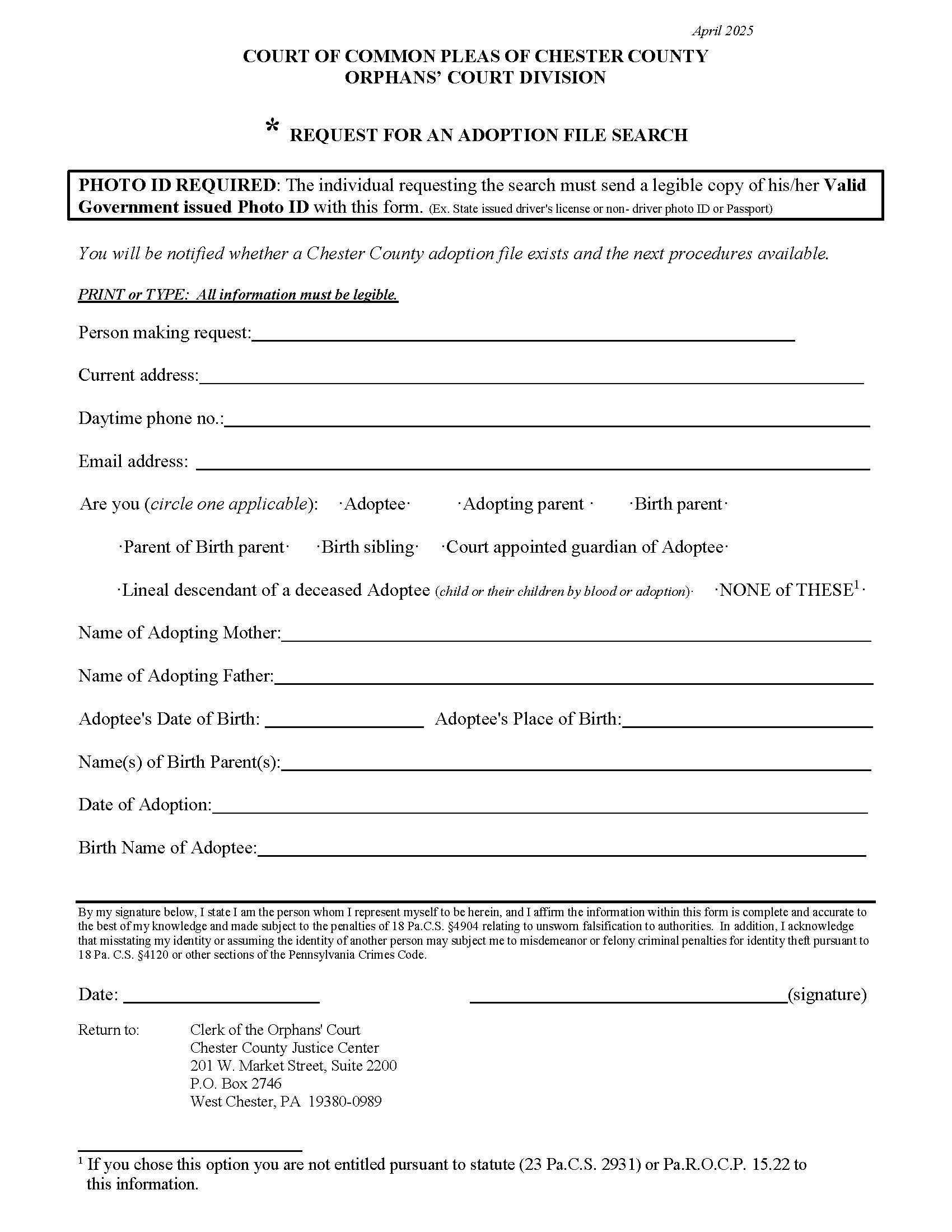 Request For An Adoption File Search | Pdf Fpdf Doc Docx | Pennsylvania