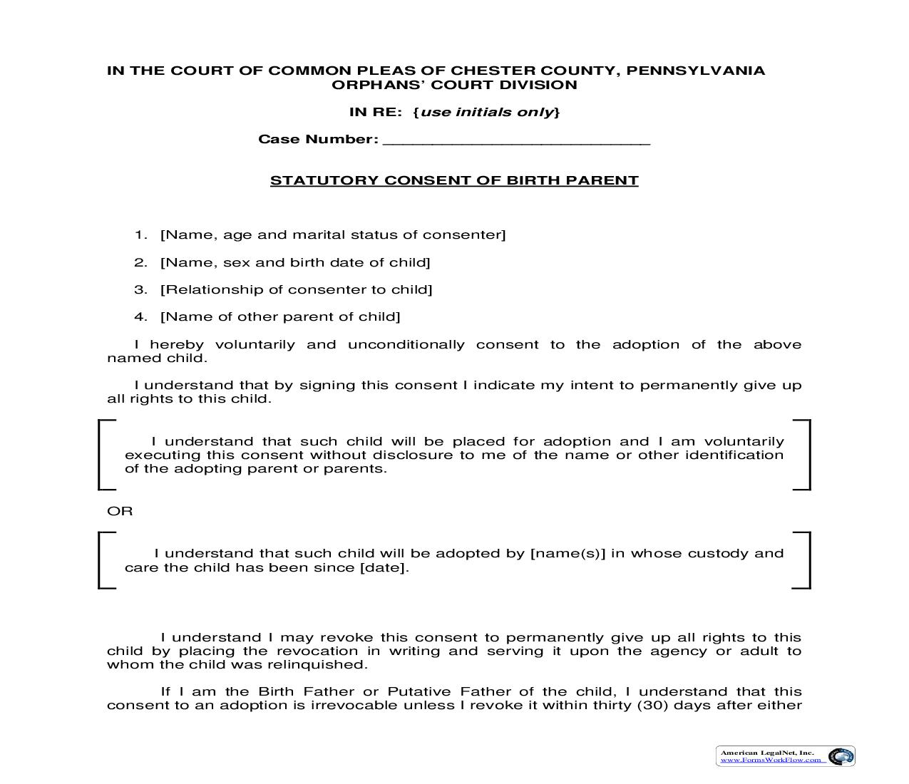 Statutory Consent Of Birth Parent | Pdf Fpdf Doc Docx | Pennsylvania