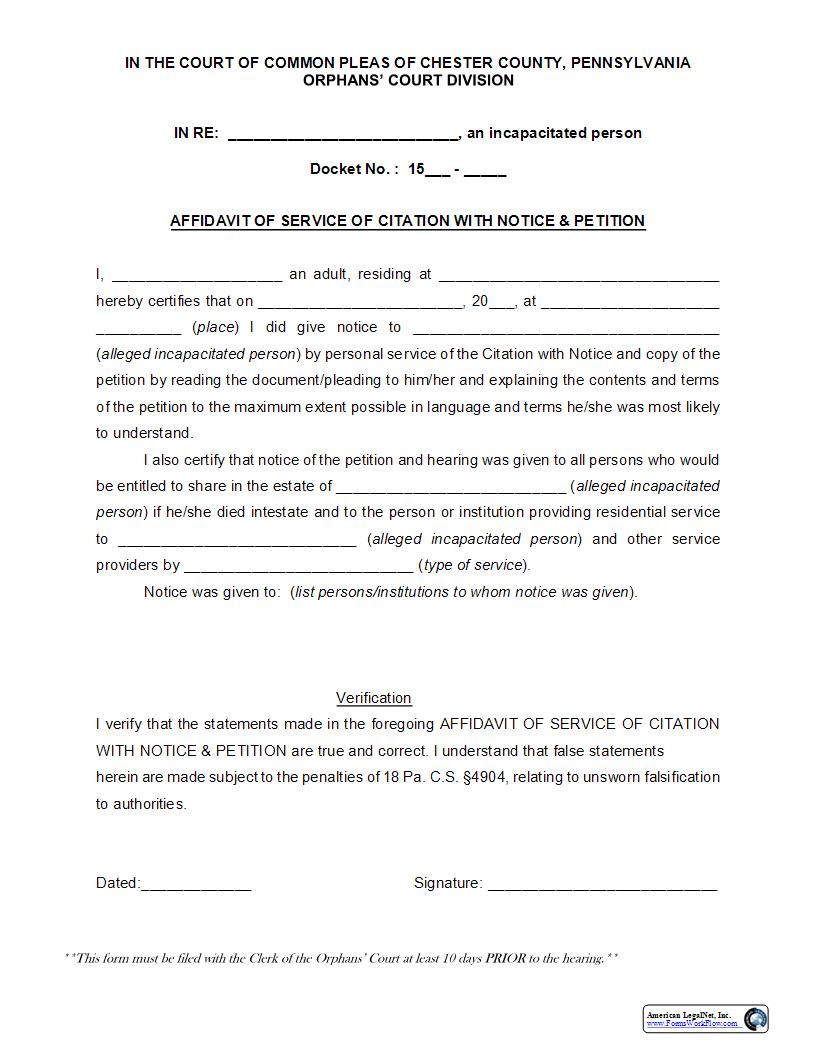 Affidavit Of Service Of Citation With Notice And Petition | Pdf Fpdf Docx | Pennsylvania