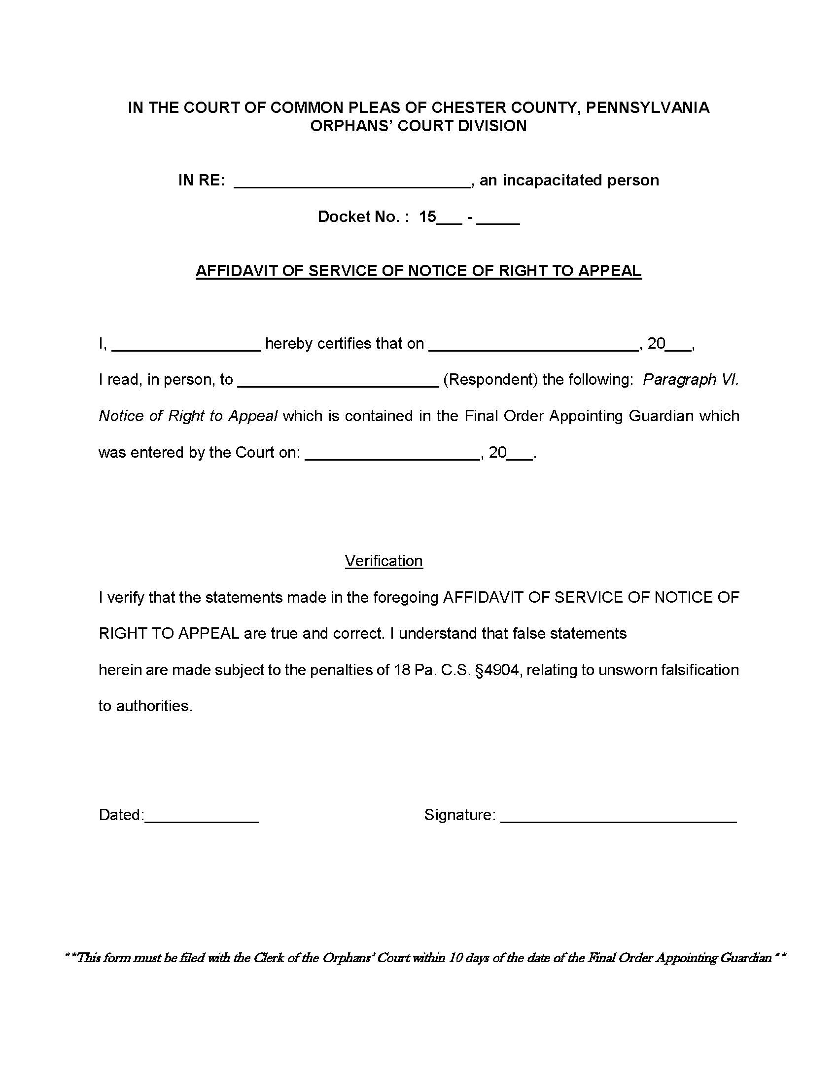 Affidavit Of Service Of Notice Of Right To Appeal | Pdf Fpdf Doc Docx | Pennsylvania