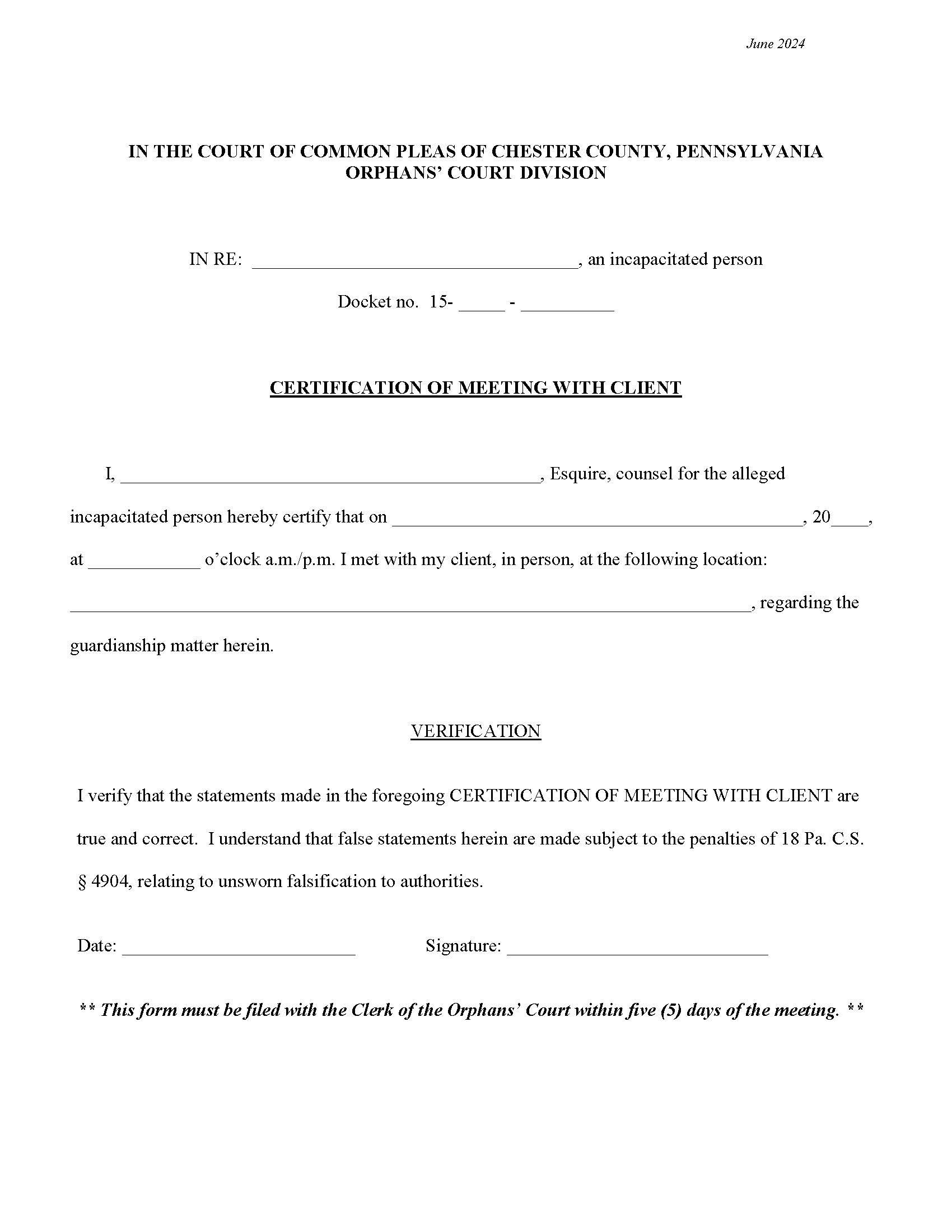 Certification Of Meeting With Client | Pdf Fpdf Docx | Pennsylvania