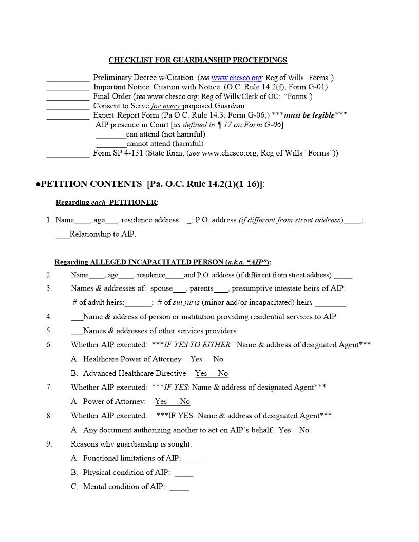 Checklist For Guardianship Proceedings | Pdf Fpdf Docx | Pennsylvania