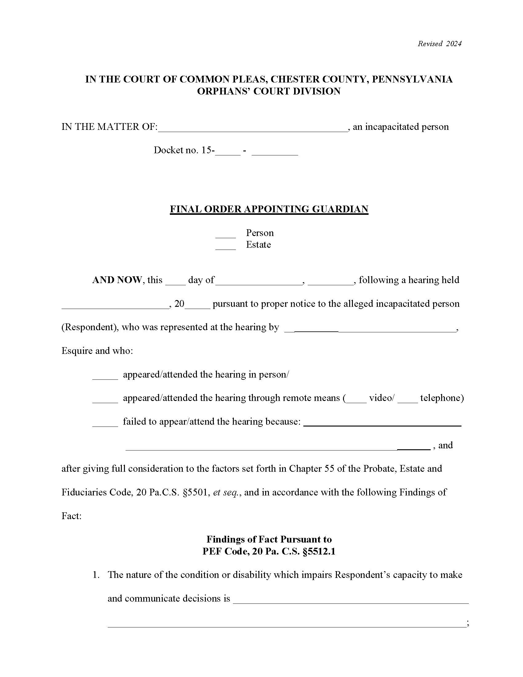 Final Order Appointing Guardian Of Person Or Estate | Pdf Fpdf Docx | Pennsylvania