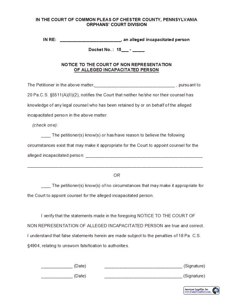 Notice To The Court Of Non-Representation Of Alleged Incapacitated Person | Pdf Fpdf Docx | Pennsylvania