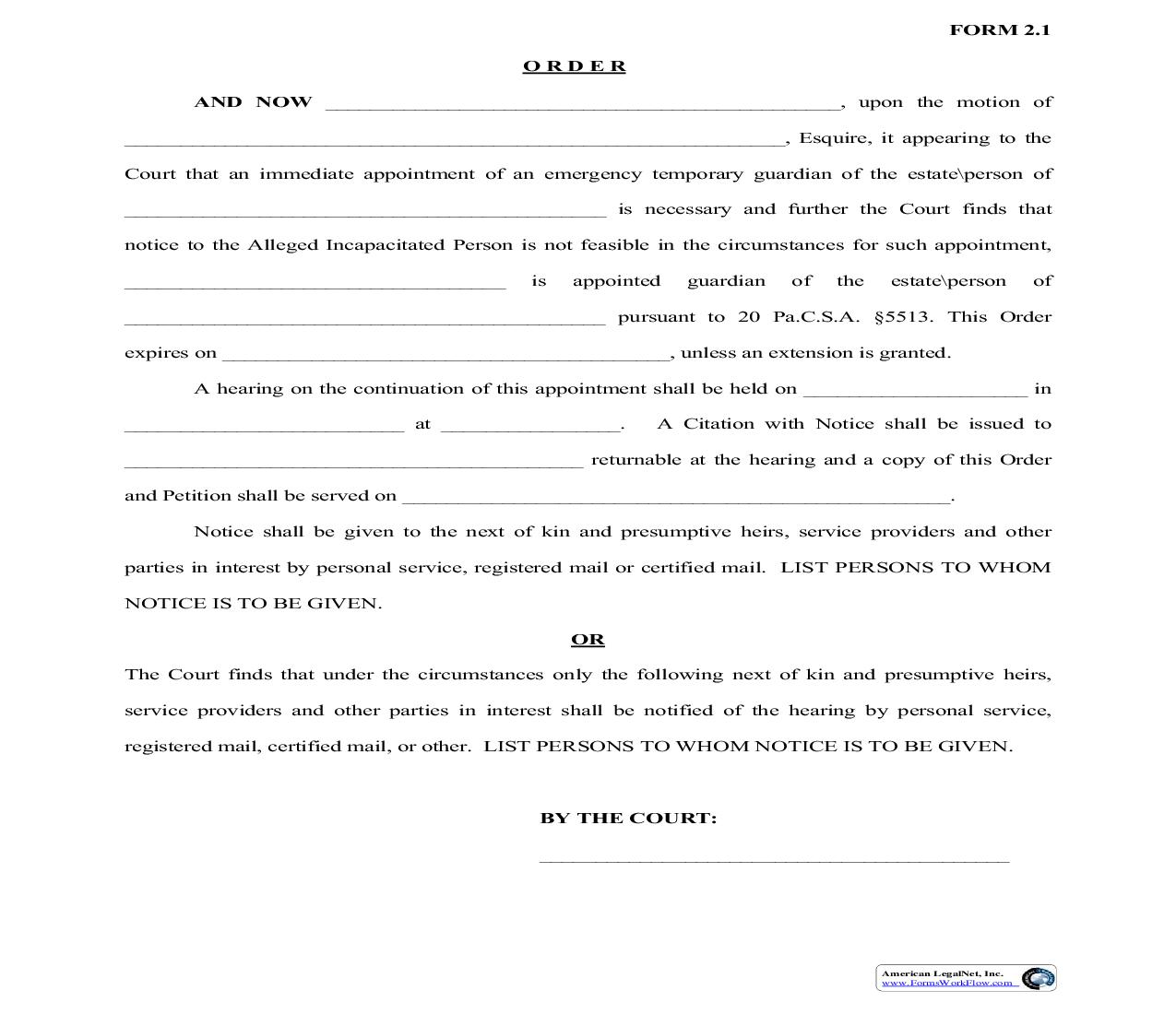 Order {Form 2.1} | Pdf Fpdf Doc Docx | Pennsylvania