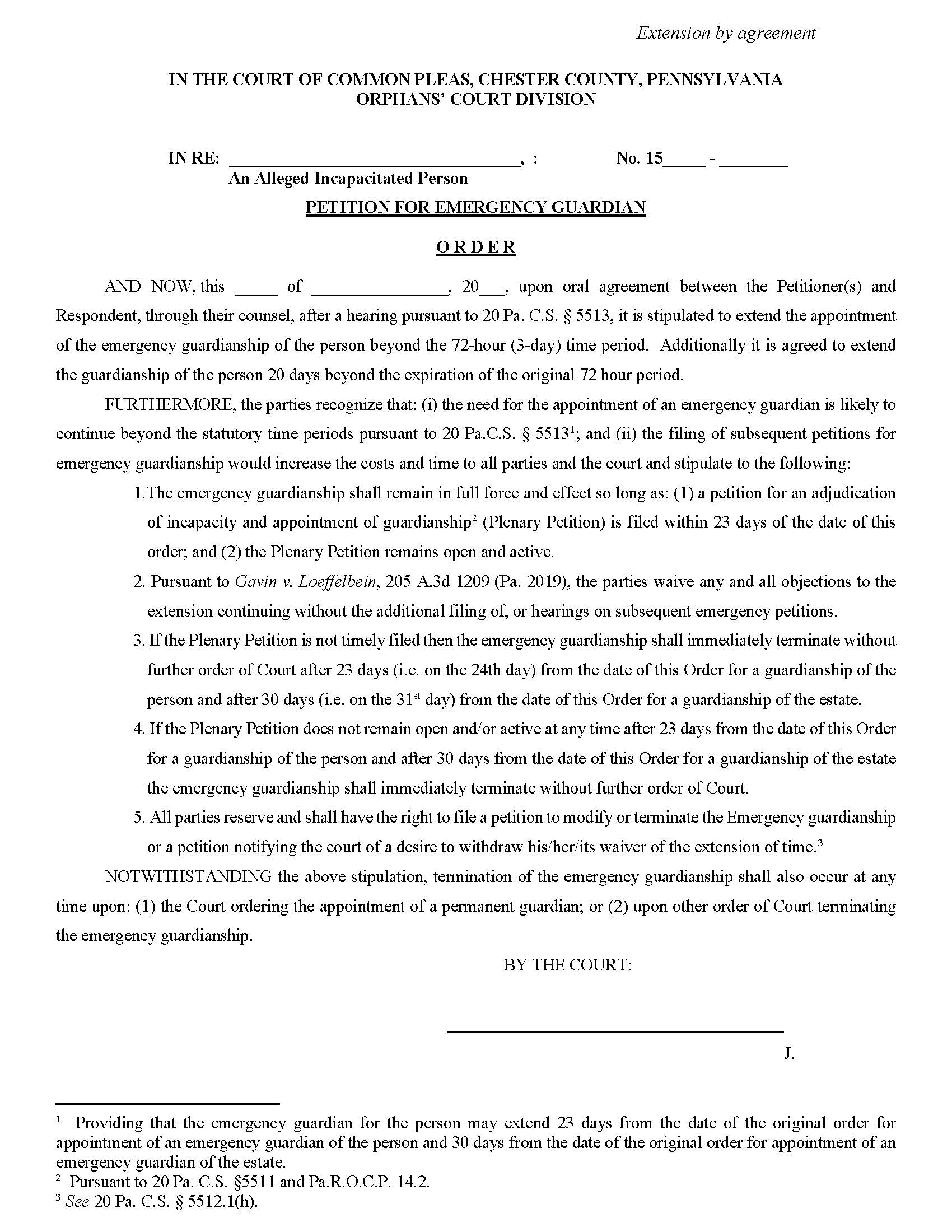 Petition For Emergency Guardian (Extension By Agreement) | Pdf Fpdf Docx | Pennsylvania