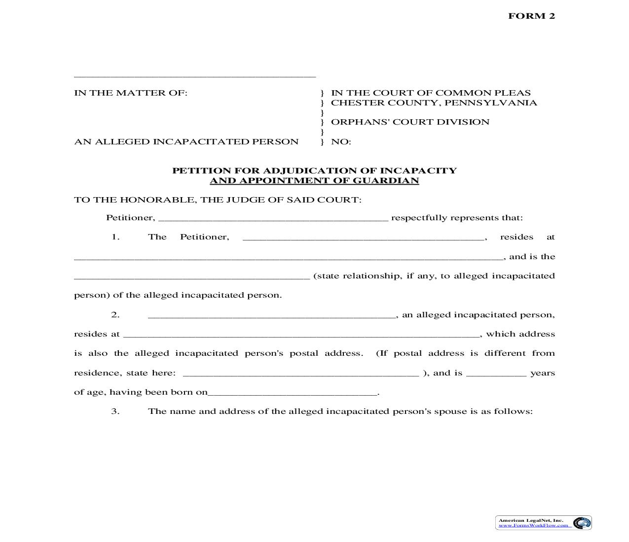 Petition for Adjudication Of Incapacity And Appointment Of Guardian | Pdf Fpdf Doc Docx | Pennsylvania