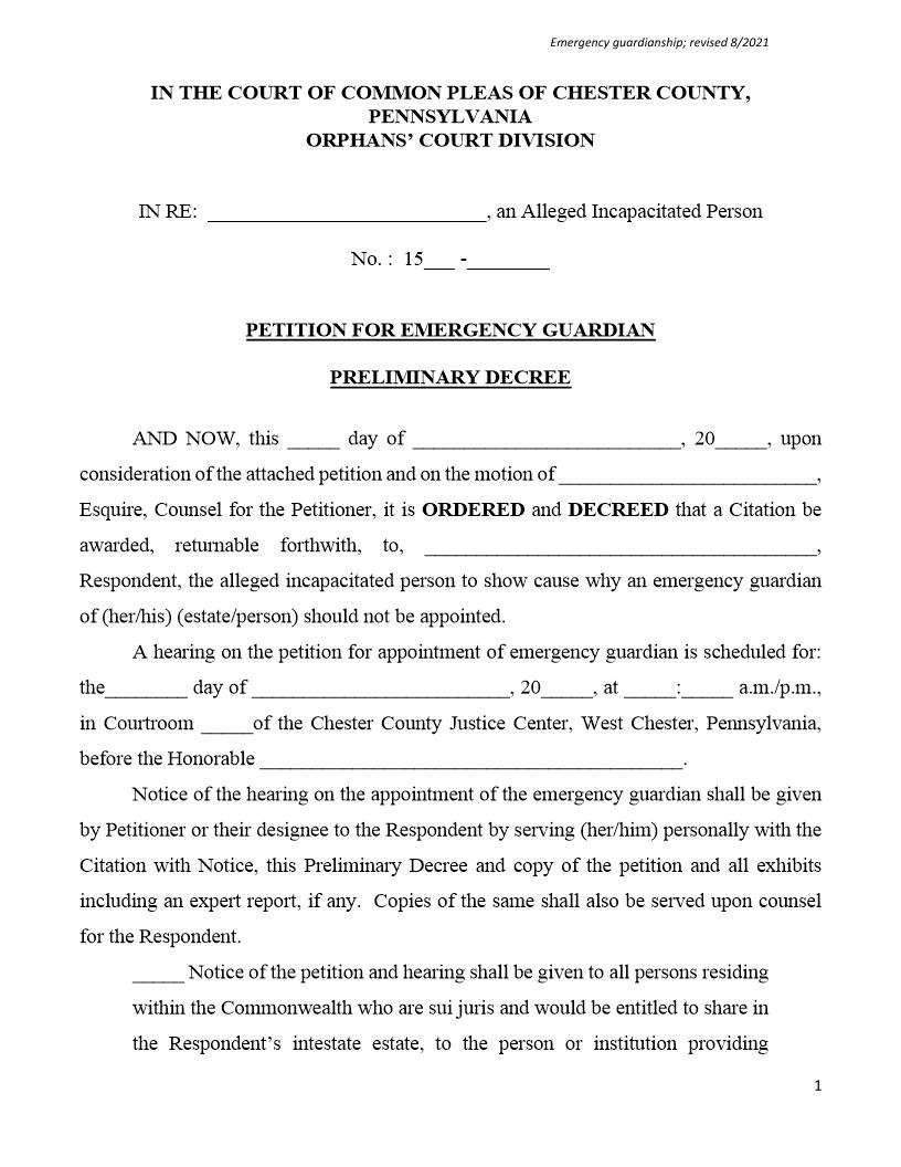 Preliminary Decree For Emergency Guardianship | Pdf Fpdf Docx | Pennsylvania
