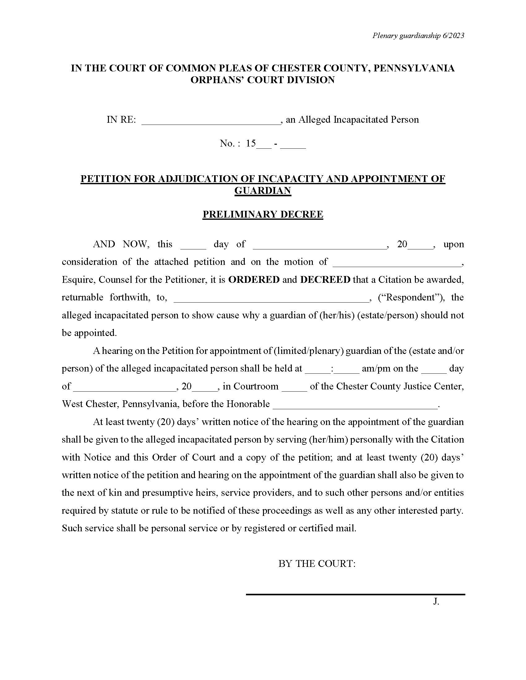 Preliminary Decree For Guardianship | Pdf Fpdf Docx | Pennsylvania