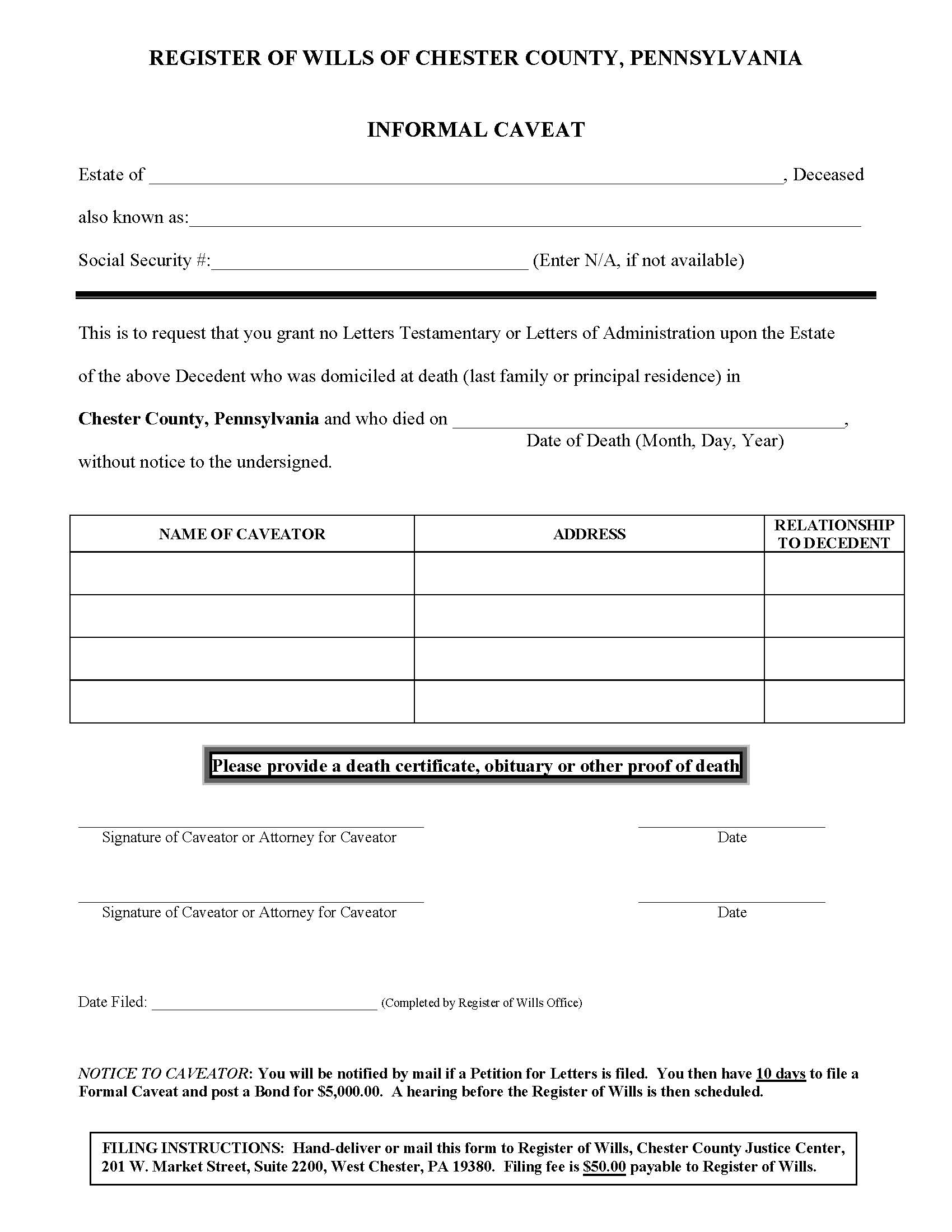 Informal Caveat | Pdf Fpdf Doc Docx | Pennsylvania