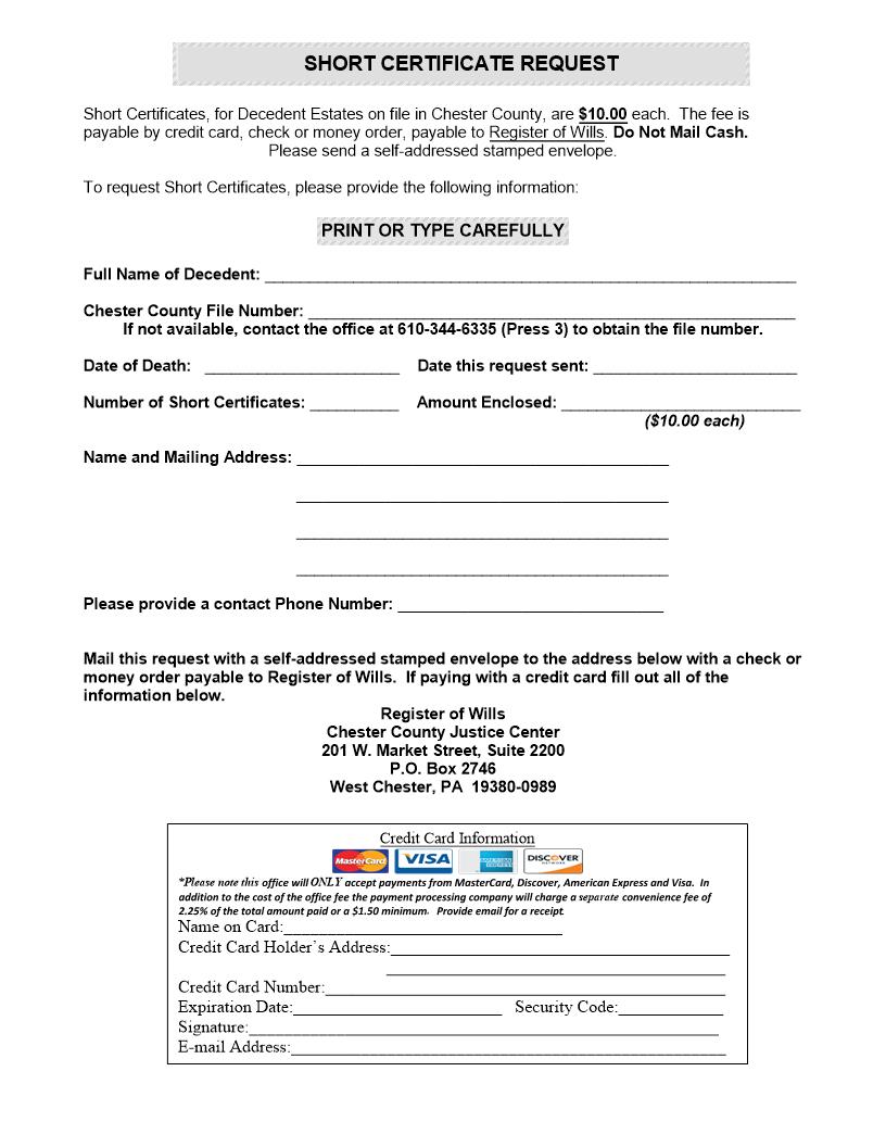 Short Certificate Request | Pdf Fpdf Doc Docx | Pennsylvania