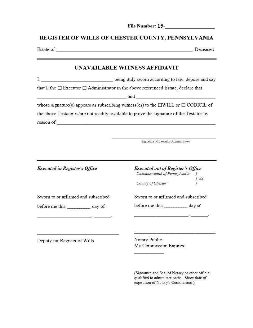 Unavailable Witness Affidavit-Oath Of Non-Subscribing Witness | Pdf Fpdf Doc Docx | Pennsylvania
