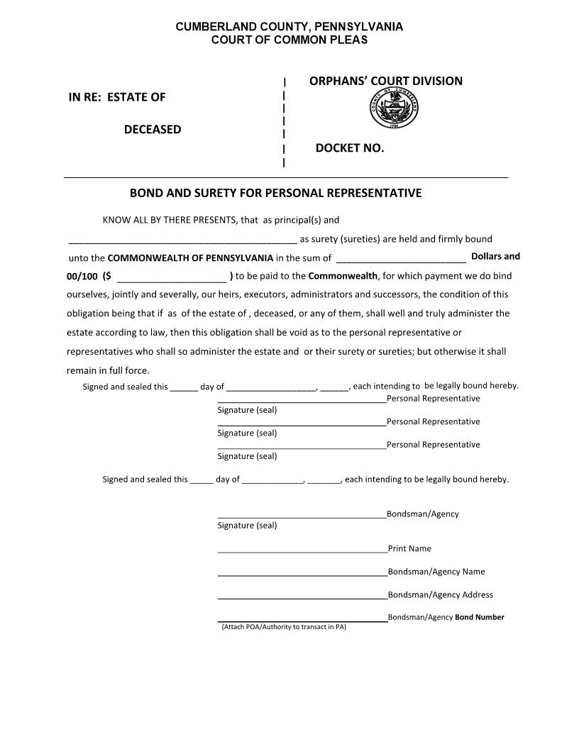 Bond And Surety For Personal Representative | Pdf Fpdf Docx | Pennsylvania
