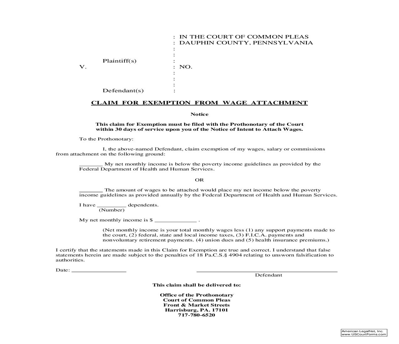 Claim For Exemption From Wage Attachment | Pdf Fpdf Doc Docx | Pennsylvania