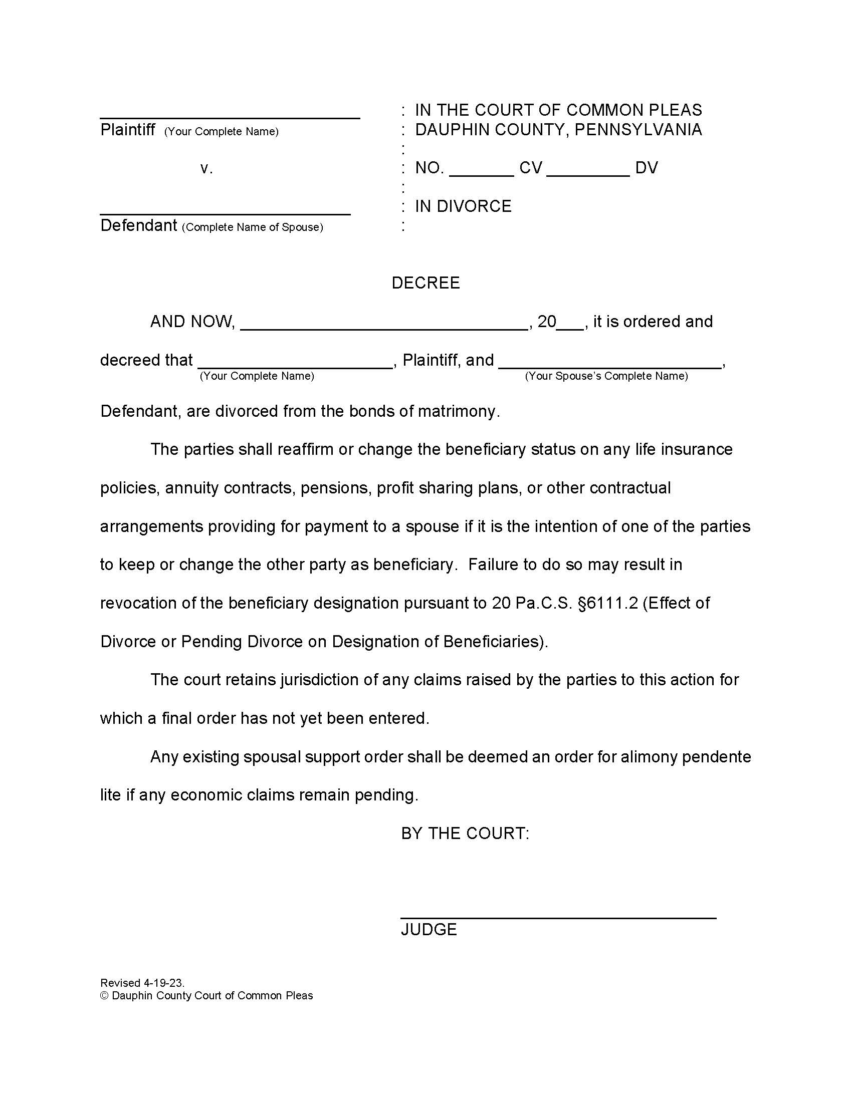 Decree In Divorce | Pdf Fpdf Doc Docx | Pennsylvania