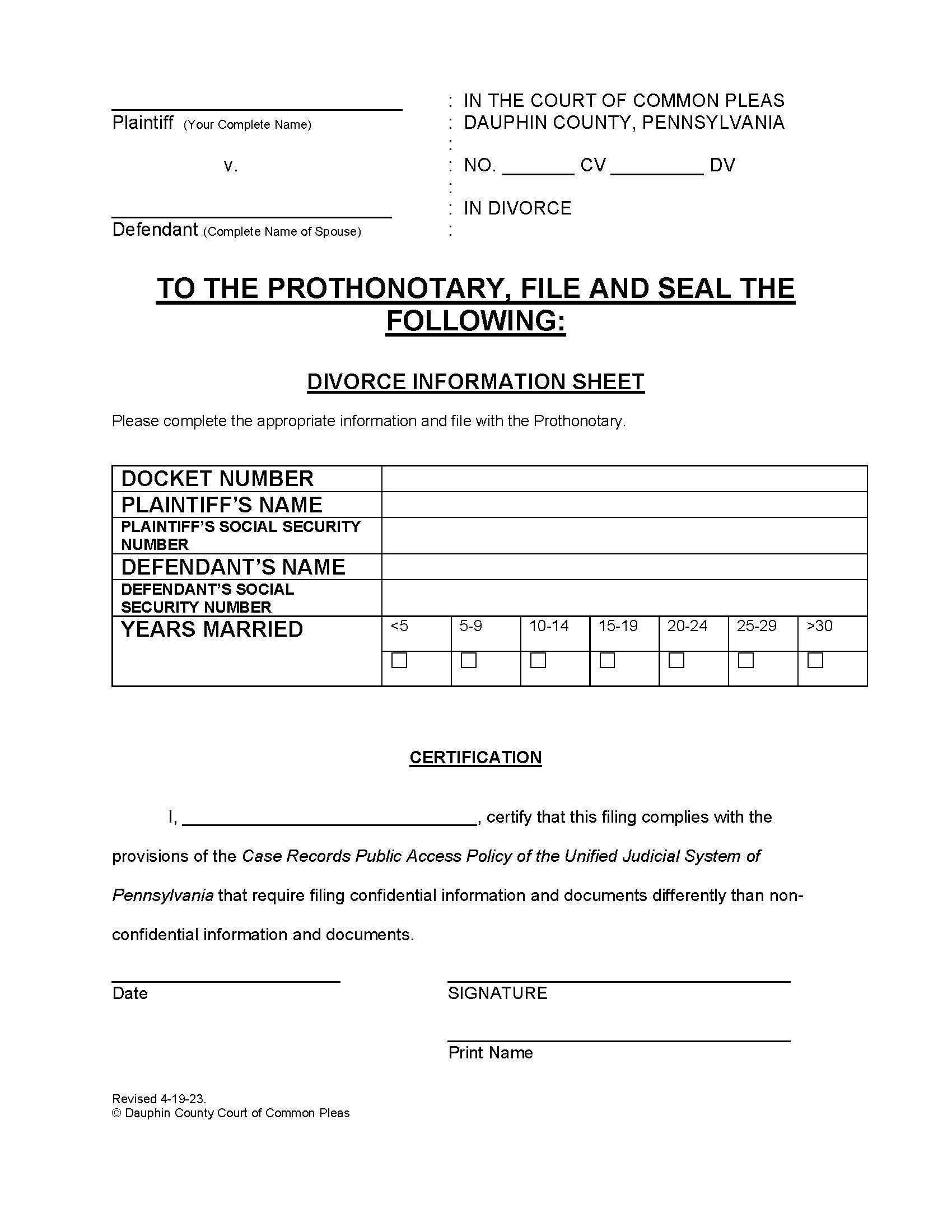 Divorce Information Sheet | Pdf Fpdf Doc Docx | Pennsylvania