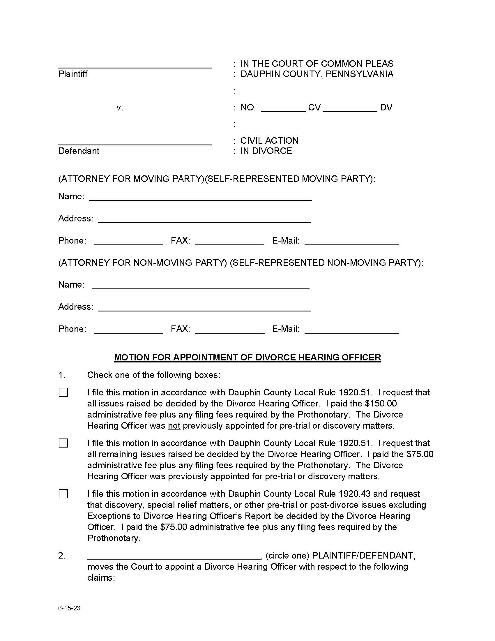 Motion For Appointment Of Divorce Hearing Officer | Pdf Fpdf Docx | Pennsylvania