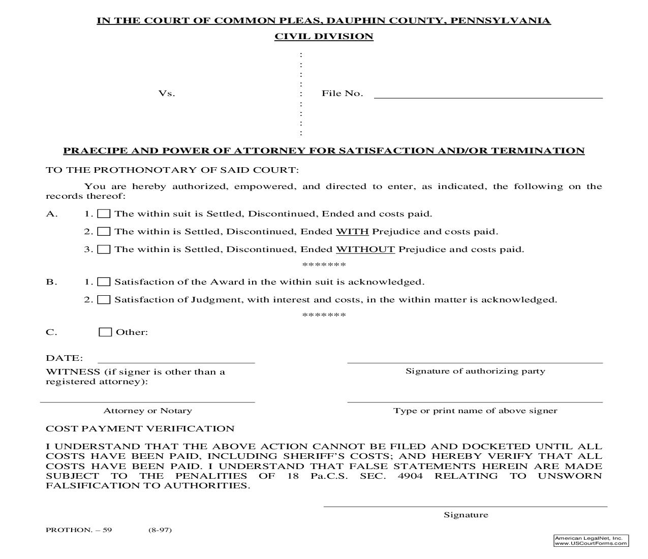 Praecipe And Power Of Attorney For Satisfaction And Or Termination | Pdf Fpdf Doc Docx | Pennsylvania