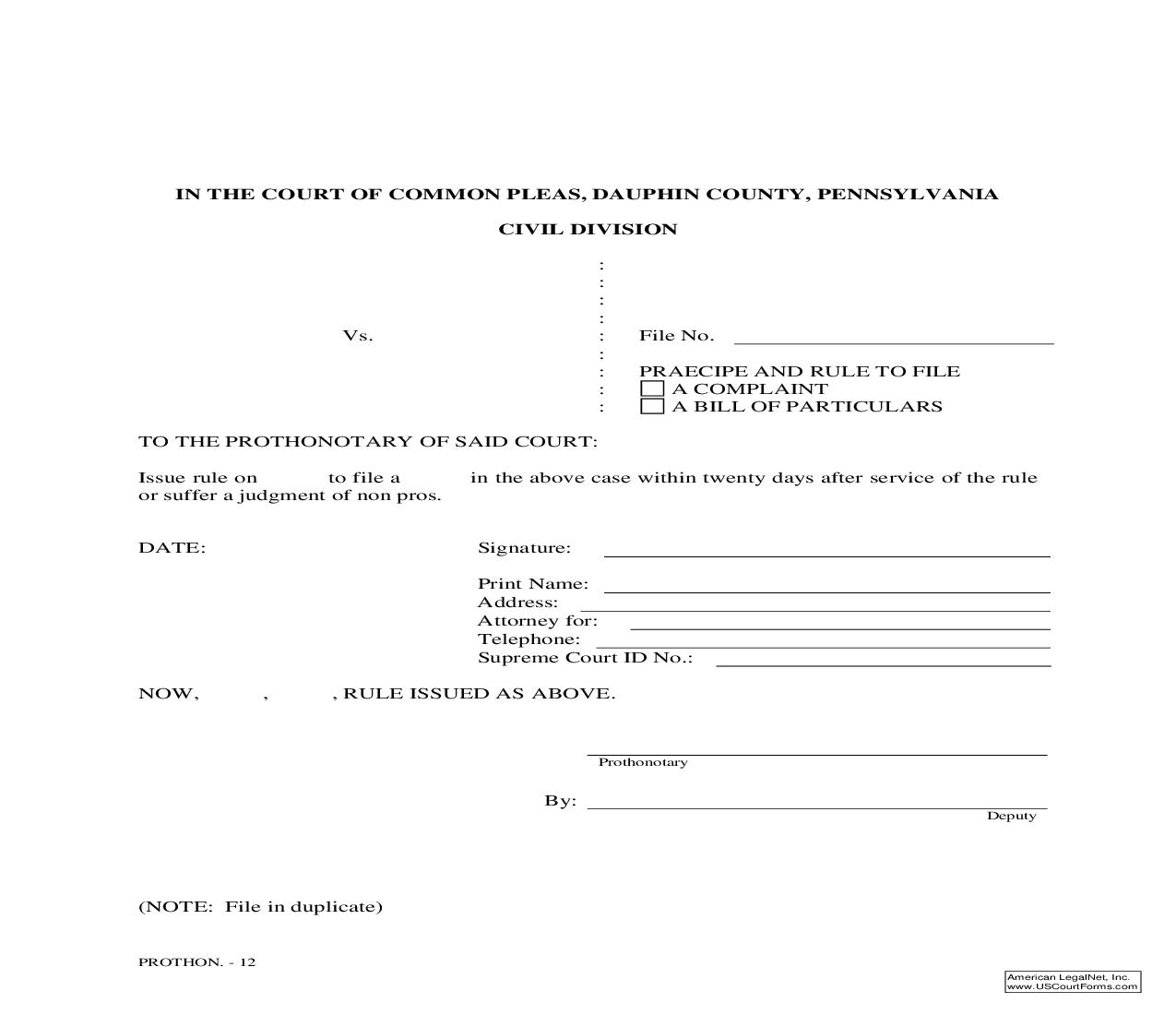 Praecipe And Rule To File | Pdf Fpdf Doc Docx | Pennsylvania