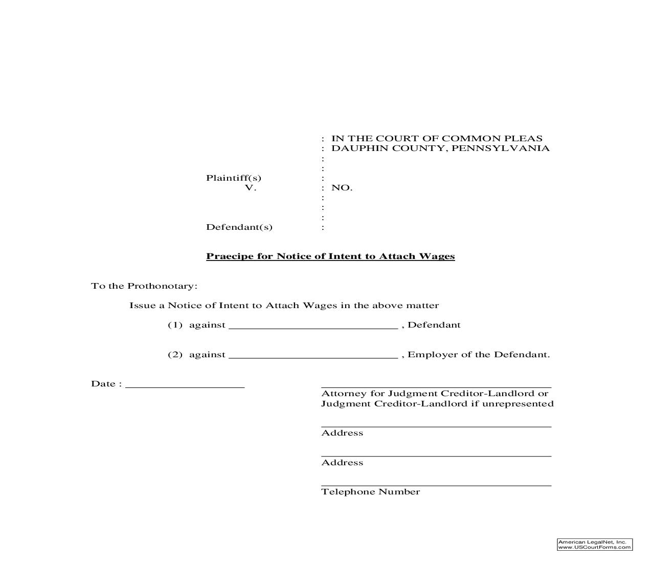 Praecipe For Notice Of Intent To Attach Wages | Pdf Fpdf Doc Docx | Pennsylvania