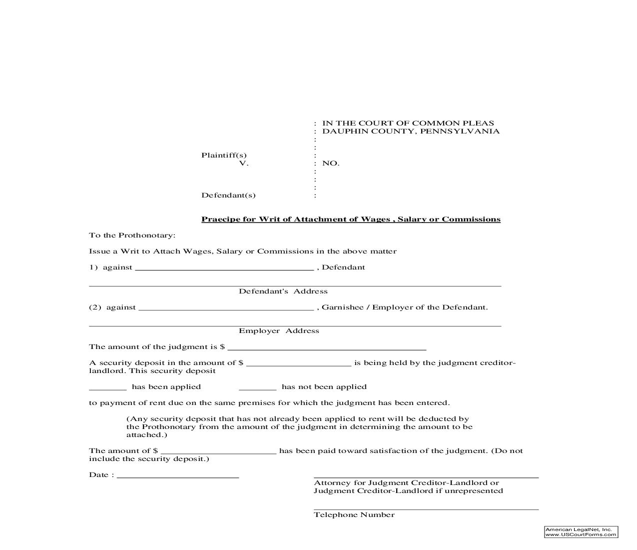 Praecipe For Writ Of Attachment Of Wages Salary Or Commissions | Pdf Fpdf Doc Docx | Pennsylvania