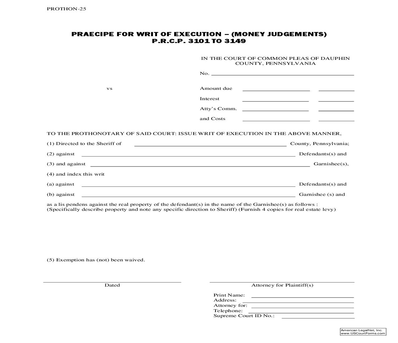 Praecipe For Writ Of Execution (Money Judgments) | Pdf Fpdf Doc Docx | Pennsylvania