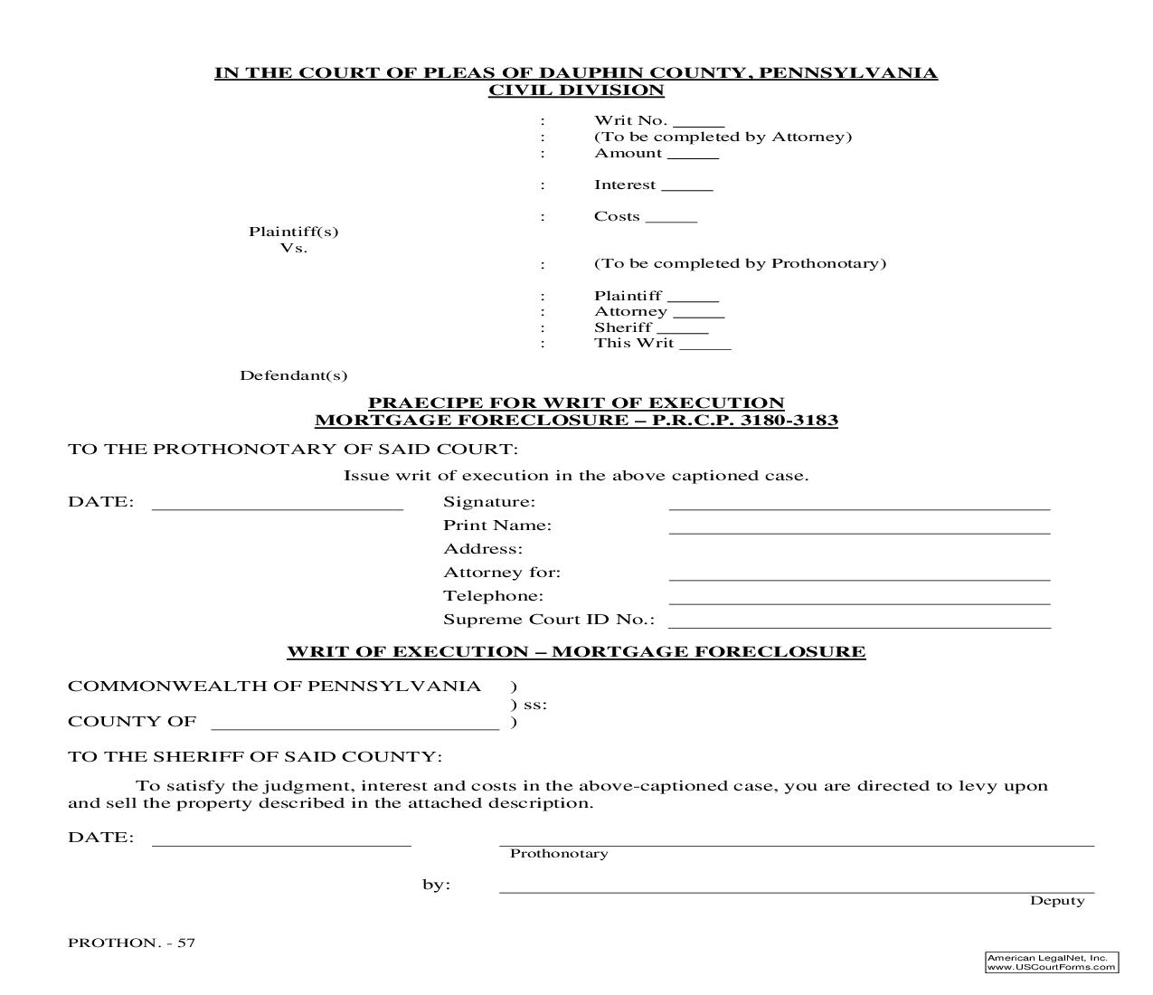 Praecipe For Writ Of Execution (Mortgage Foreclosure) | Pdf Fpdf Doc Docx | Pennsylvania