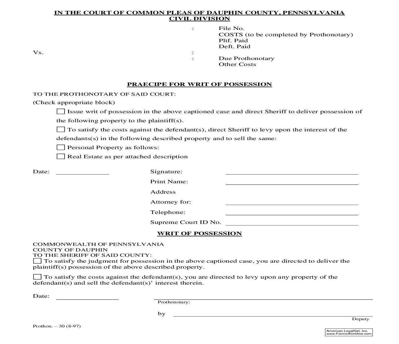 Praecipe For Writ Of Possession | Pdf Fpdf Doc Docx | Pennsylvania