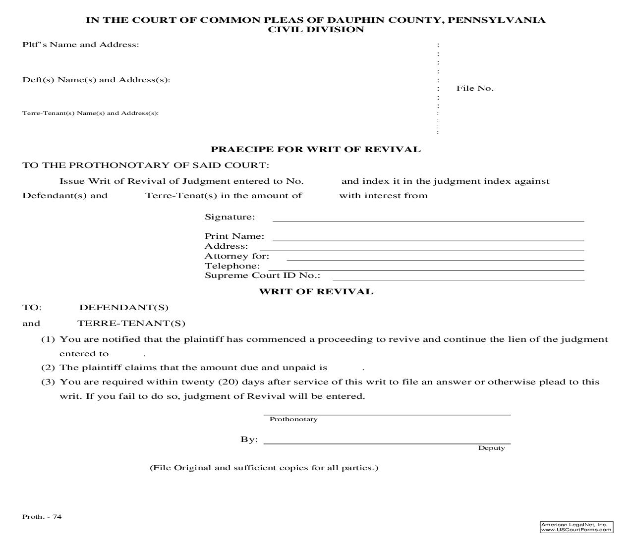 Praecipe For Writ Of Revival | Pdf Fpdf Doc Docx | Pennsylvania