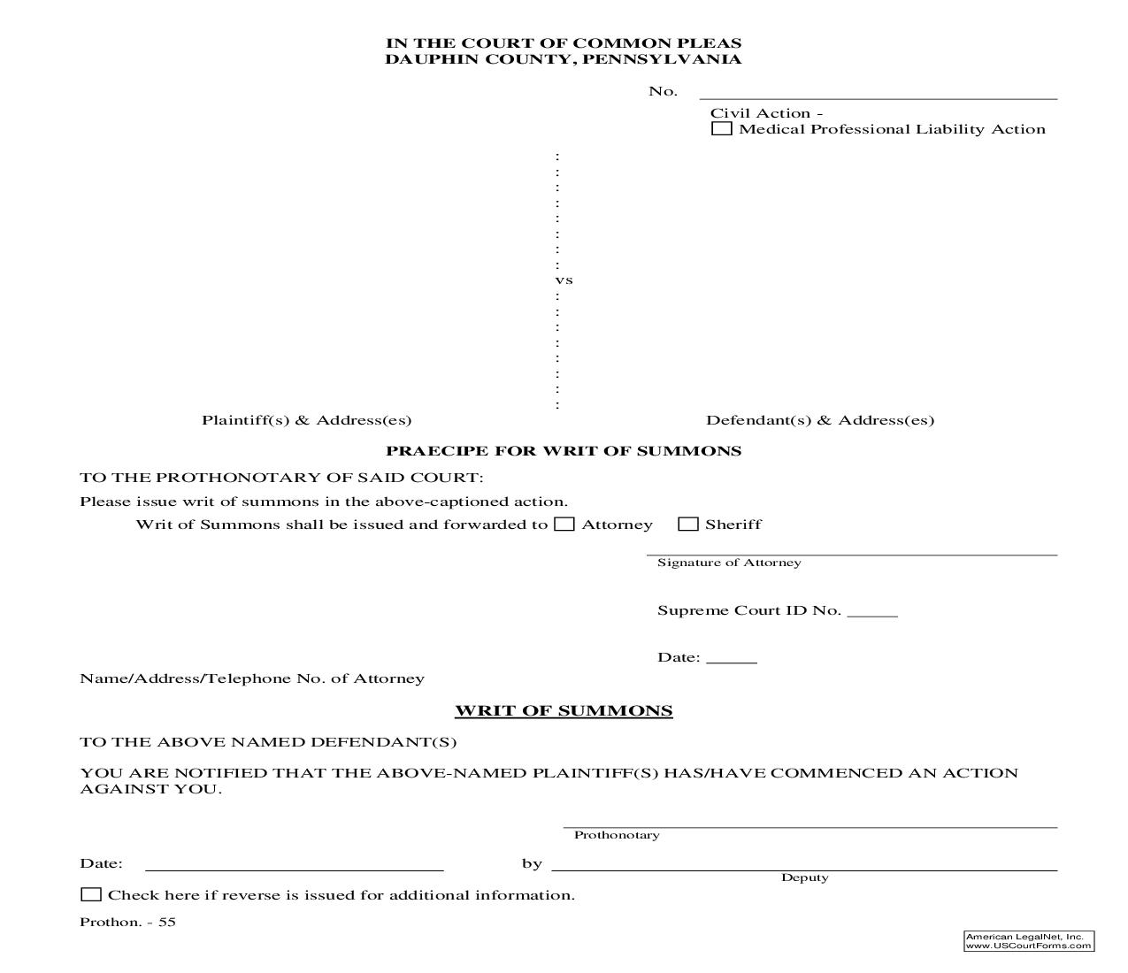 Praecipe For Writ Of Summons | Pdf Fpdf Doc Docx | Pennsylvania